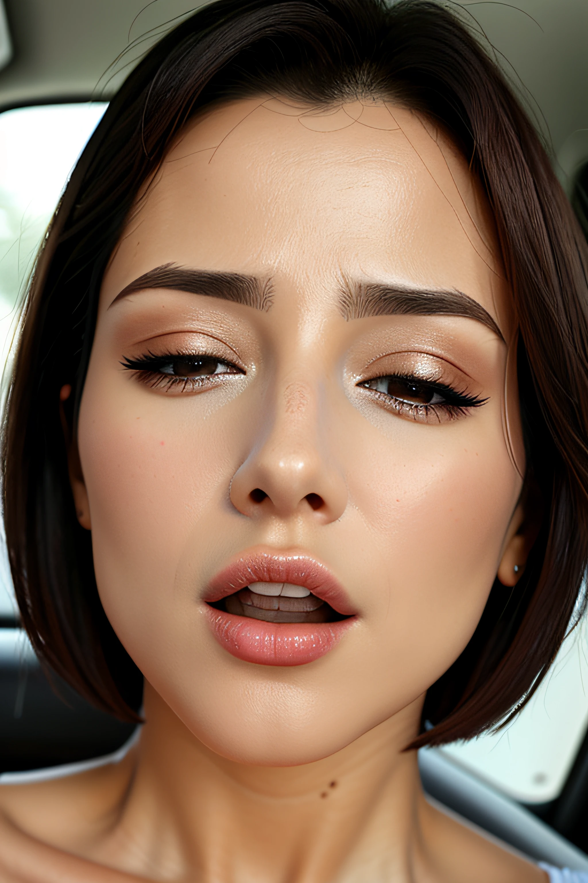 masutepiece,,award - winning photo, Extremely detailed, edgOrgasm,Face Focus, Face Close-up、(Woman with mouth open and eyes closed ), 18year old、A dark-haired、CNN News Anchor、Glossy skin、inside of a car、Close-up of face,frombelow、Realistic nostrils、NSFW,short cut hair、