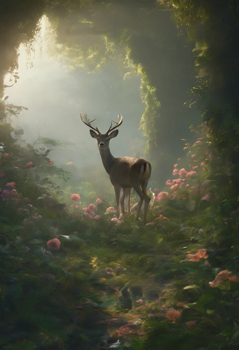 rivulets,jungles,Flowers,sika deer,steamy,smog,Immortal,super-fine,Hyper-realistic,Ultra photo realsisim,tmasterpiece,8k,on focus,Bokeh,Detailed pubic hair,hyper-detailing,high qulity,High definition,cinematic perspective