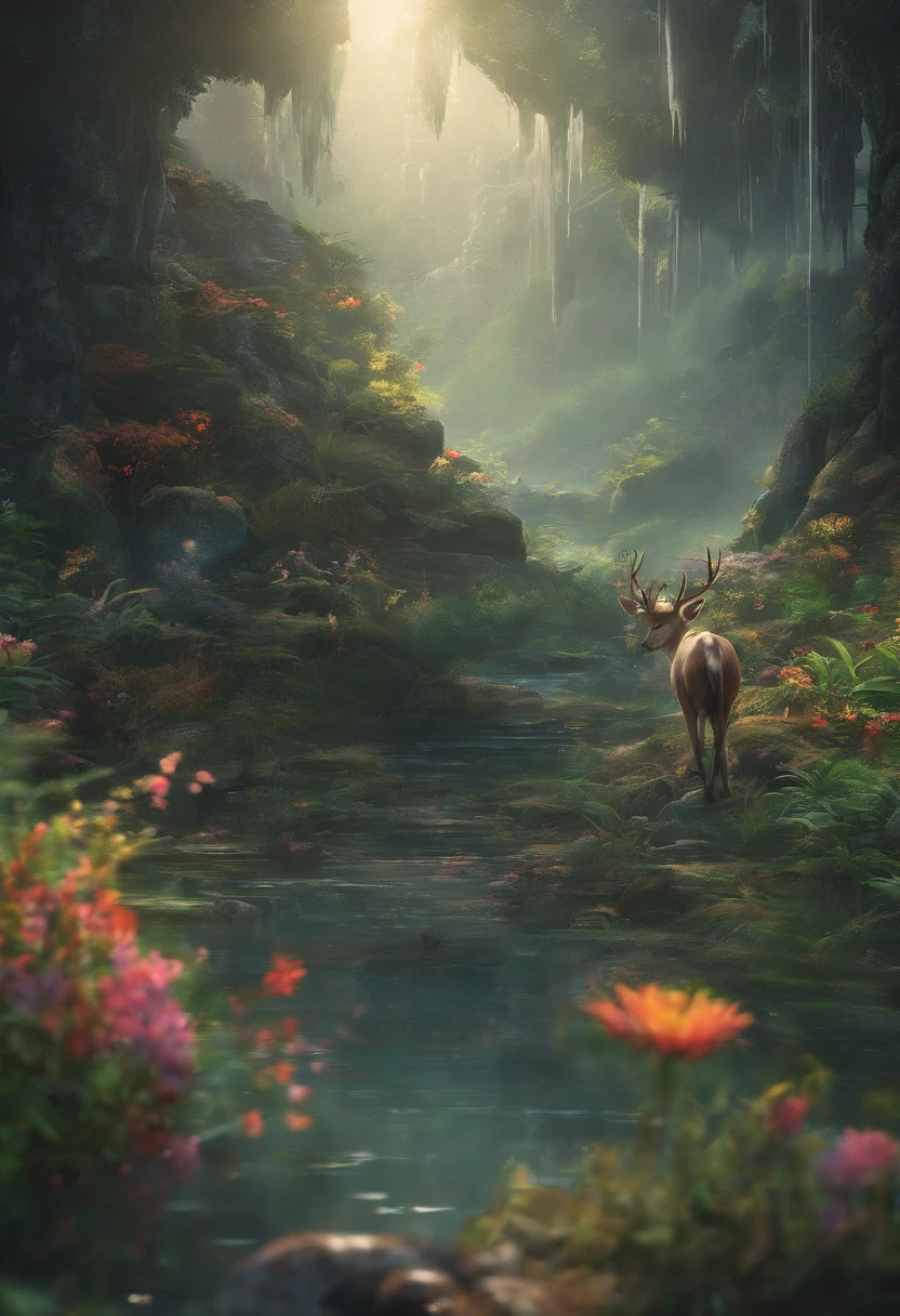 rivulets，jungles，Flowers，sika deer，steamy，smog，Immortal，super-fine，Hyper-realistic，Ultra photo realsisim，tmasterpiece，8k，on focus，Bokeh，Detailed pubic hair，hyper-detailing，high qulity，High definition，cinematic perspective