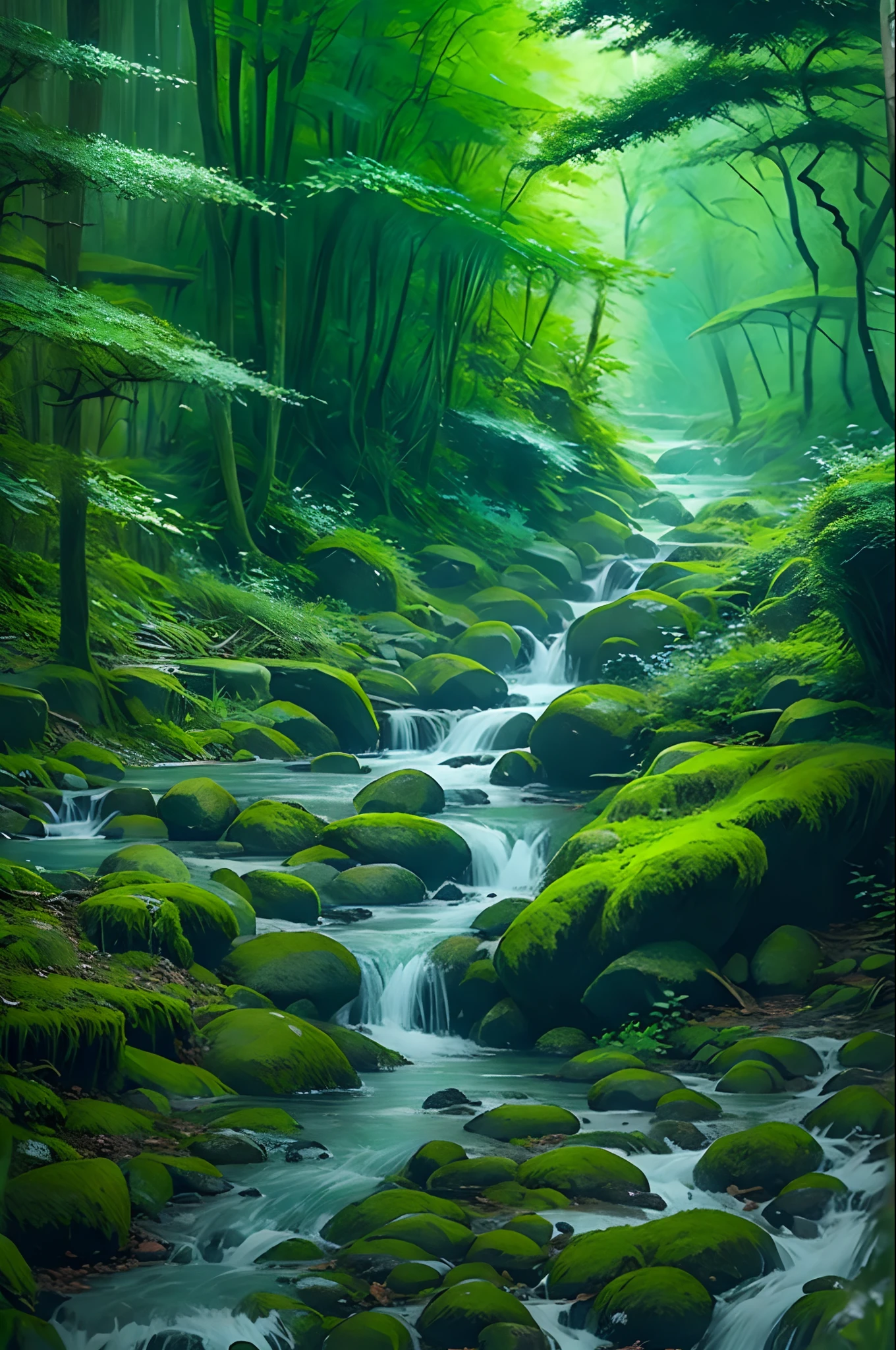 A small stream flows through the mystical woods,Green mountains in the distance