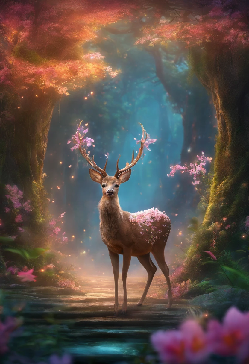 rivulets，jungles，Flowers，sika deer，steamy，smog，Immortal，super-fine，Hyper-realistic，Ultra photo realsisim，tmasterpiece，8k，on focus，Bokeh，Detailed pubic hair，hyper-detailing，high qulity，High definition，cinematic perspective