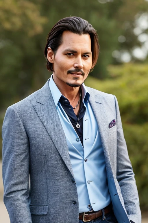 A handsome man of about 30 years old who looks like Johnny Depp、What it feels like to be a model、Delicate face、a handsome、Her hair is light brown、Brown eyes、Daytime on a sunny day、Cool standing figure、Casual Blazer、Bright Colored Jeans、university campus、Upper body photo、Live-action shooting style、High Definition 8K、Handsome smile、