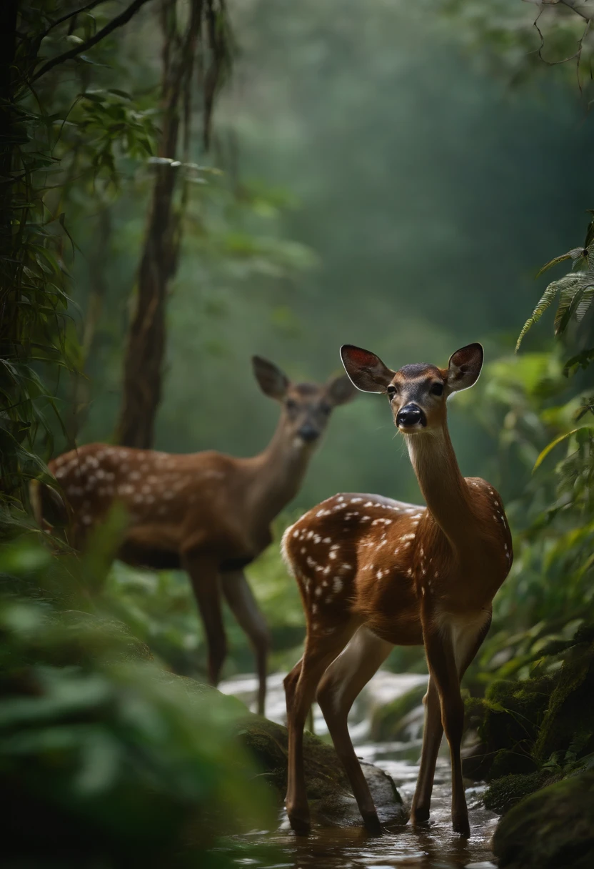 rivulets，jungles，Flowers，sika deer，steamy，smog，Immortal，super-fine，Hyper-realistic，Ultra photo realsisim，tmasterpiece，8k，on focus，Bokeh，Detailed pubic hair，hyper-detailing，high qulity，High definition，cinematic perspective