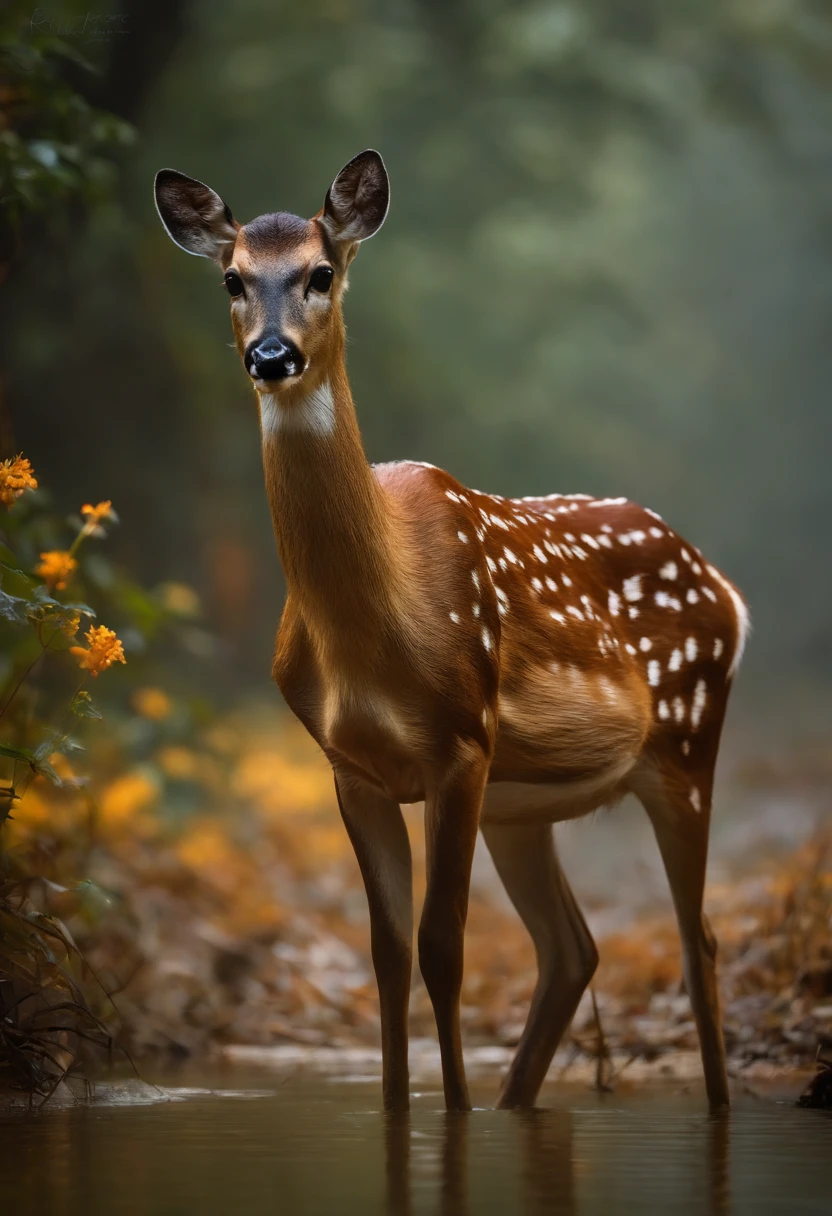 rivulets，jungles，Flowers，sika deer，steamy，smog，Immortal，super-fine，Hyper-realistic，Ultra photo realsisim，tmasterpiece，8k，on focus，Bokeh，Detailed pubic hair，hyper-detailing，high qulity，High definition，cinematic perspective
