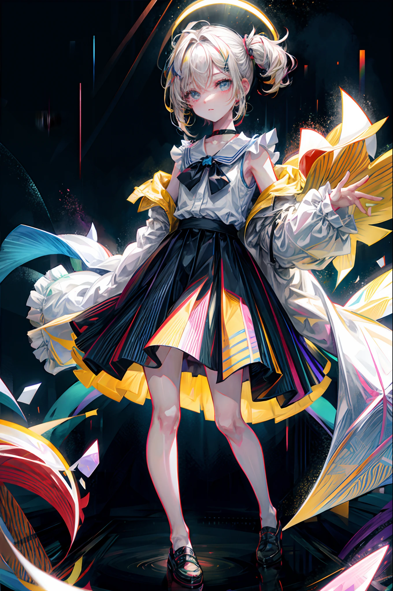 Rainbow on background、Irridescent color、walking in city、colourfull、top-quality、超A high resolution、(Photorealsitic:1.4)、Female 1 Person、Sleeveless white buttoned shirt、Black skirt、Black Choker、cute little、(Kpop Idle)、(attractiveness:1)、(Platinum Blonde Hair:1)、((Puffy eyes))、Look at the viewer、full body Esbian、Facing the front
