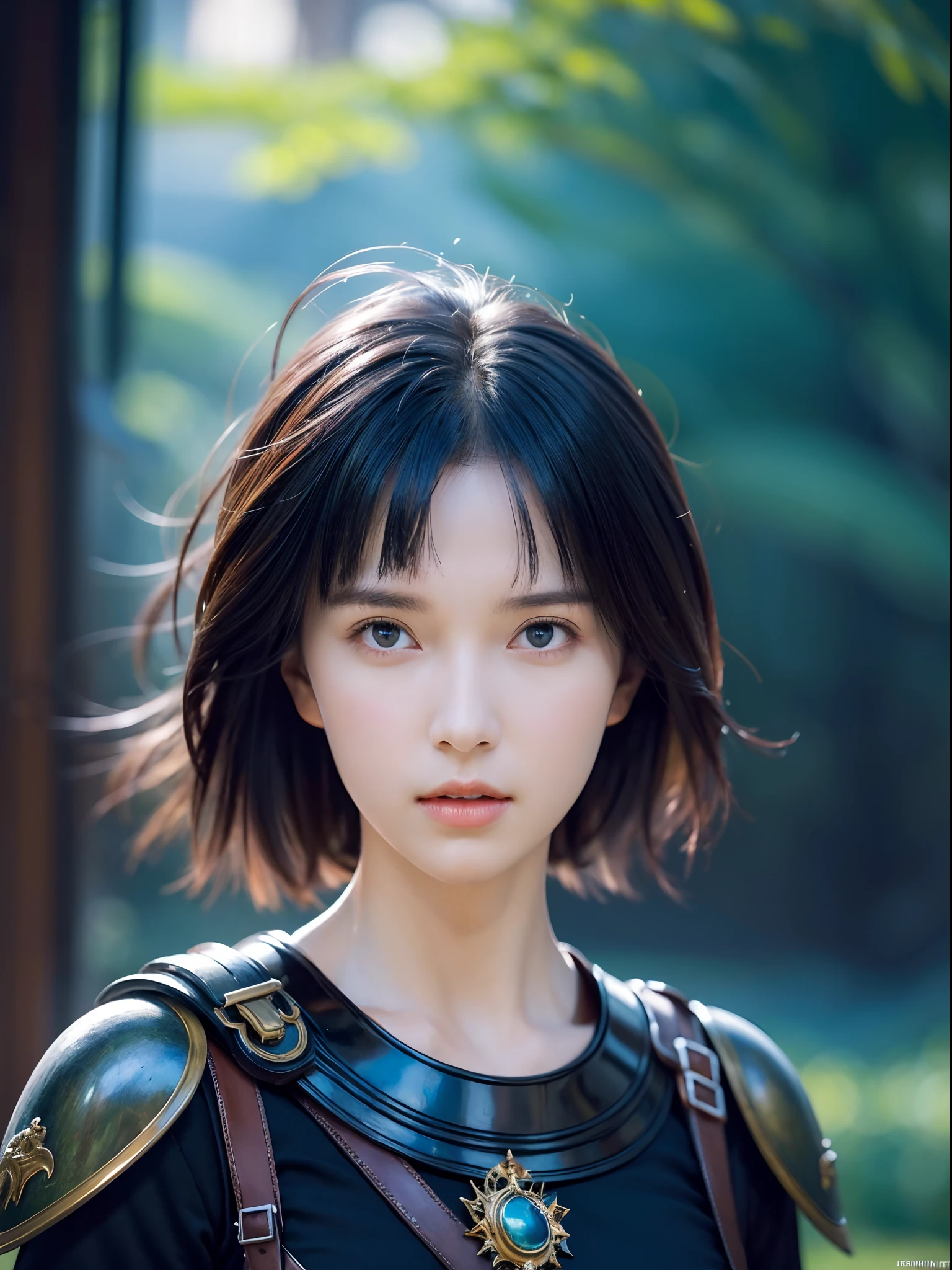 IU1, Serious look, ModelShoot style, (Extremely detailed Cg Unity 8K wallpaper), full-shot body photo of the most beautiful artwork in the world, Medieval armor, Professional majestic oil painting by Ed Blinkey, atey ghailan, by Ghibli Studio, author：Jeremy Mann, Greg Manchess, Antonio Moro, trending on artstationh, trending on CGSociety, Intricate, High detail, Sharp focus, Dramatic, photorealistic painting art by midjourney and greg rutkowski, Beautify the face,Girls with short hair