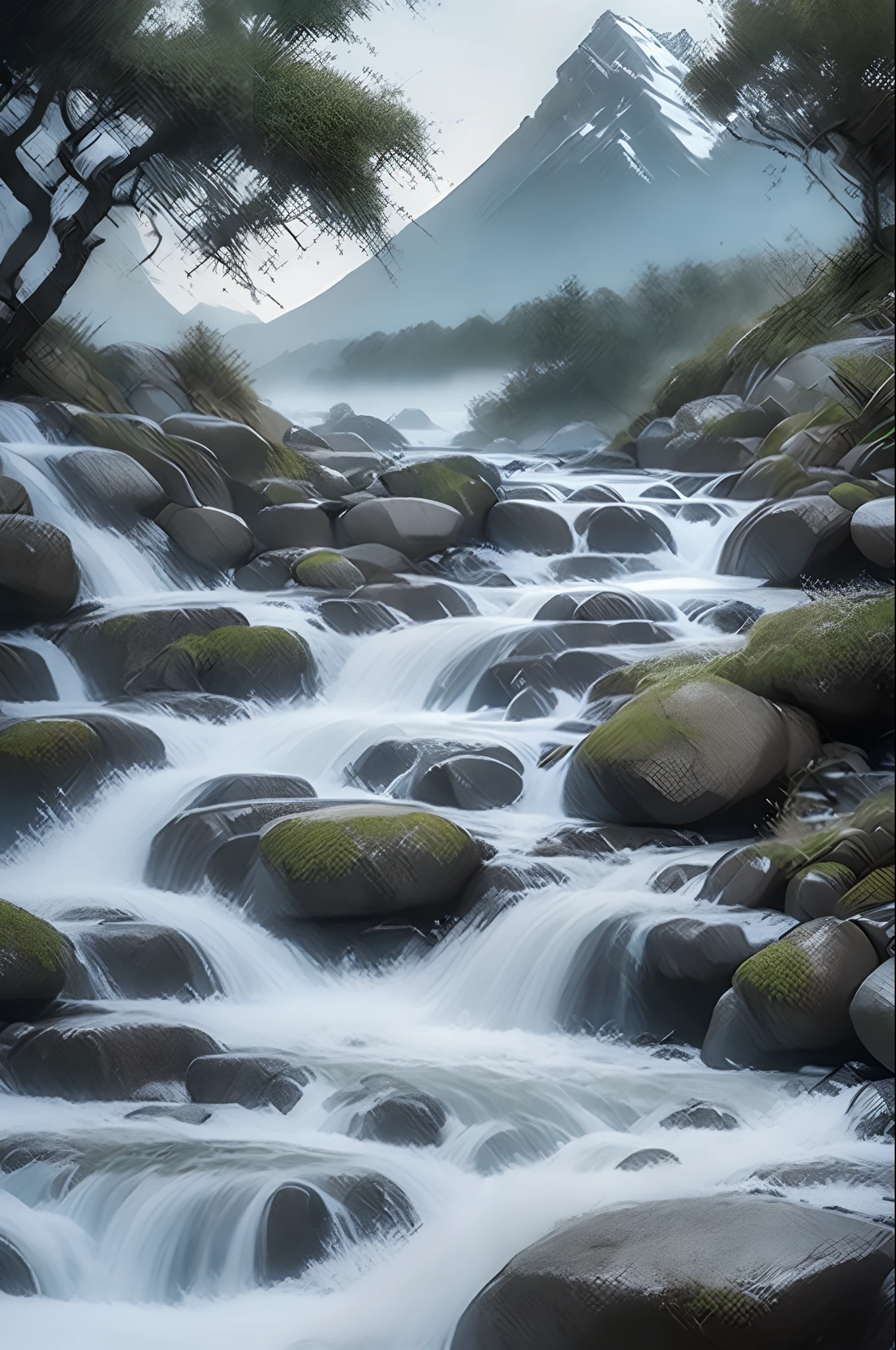 white backgrounid， scenecy， ink， mountain stream， rivulets， the trees