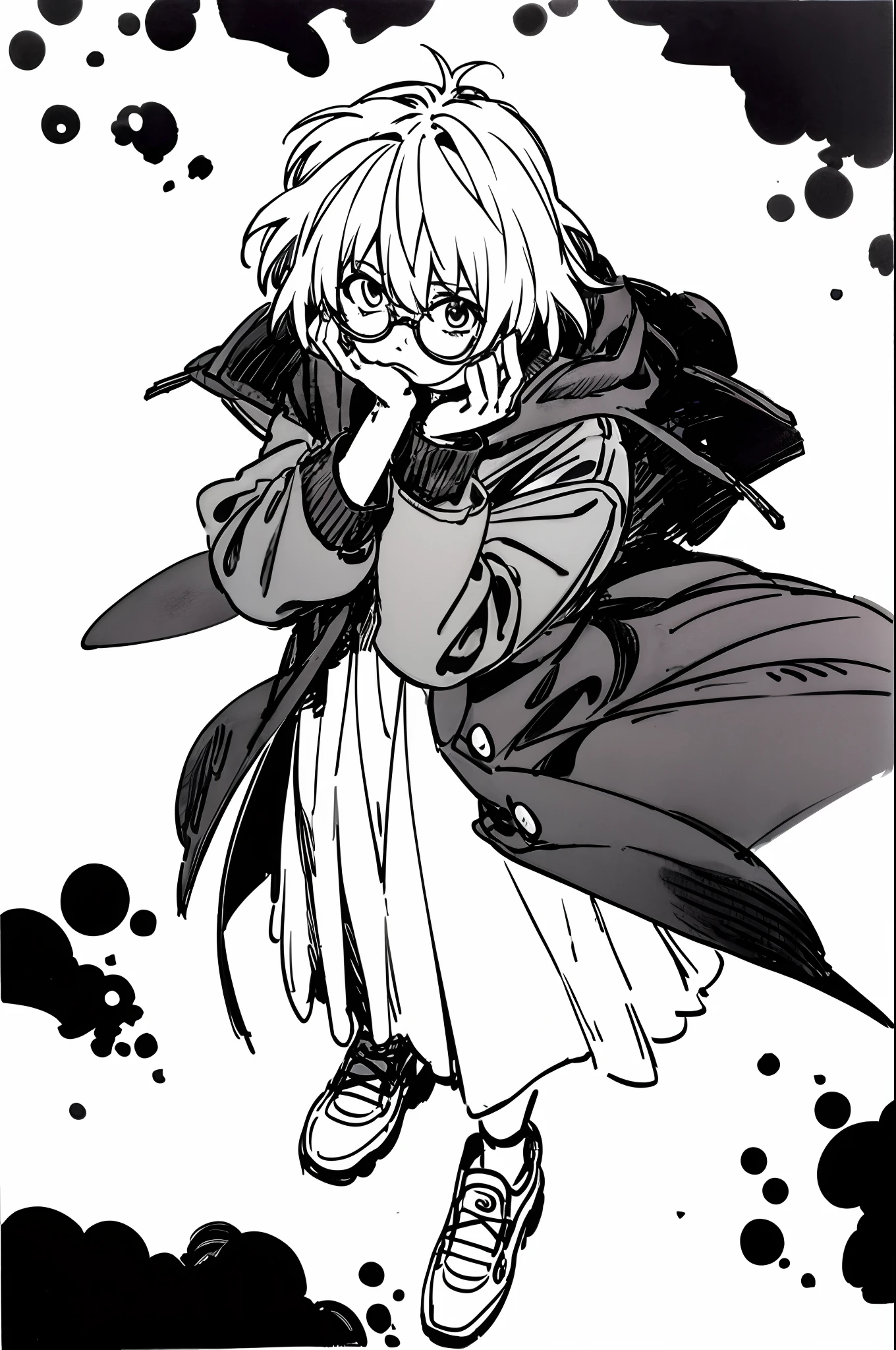 Mirai Kuriyama wearing a coat and a cap hiding her face with her hands, ((empty background)), winter, VHS, vintage, red glasses, manga style, white background, ((monochrome)), far away shot, (sketch), long sleeves, 1girl, looking up, casual clothes, full body