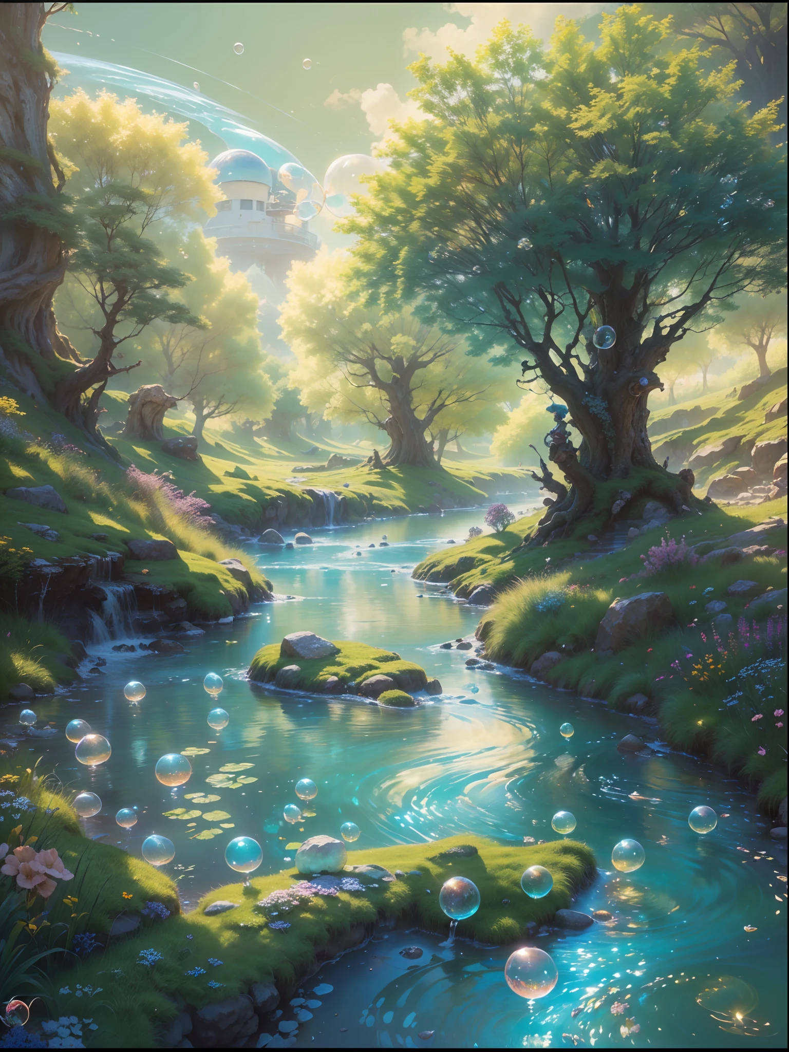 ((Best quality)) , ((Masterpiece)) , (Detailed) , (Fantasyart),colorful bubble , Floating ,Detailed light, elegant, Extraordinary exquisite landscape (A stream:1.3) from inside the wind farm, Masterpiece, Stupid tree, Spring, Mythical punk, rim-light, f/5, Single color, , 超高分辨率, 8K resolution