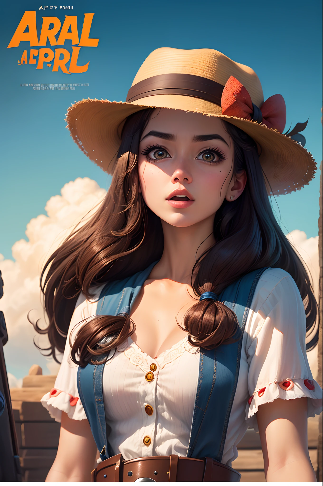 (best quality, ultra-detailed, realistic:1.37), outdoors, girl, muddy, beautiful detailed eyes, beautiful detailed lips, cowboy hat, fringed vest, pants, scarf, confident, mid-chest, dusty farm scenery, golden hour lighting, seductive smile, inviting pose, cleavage
