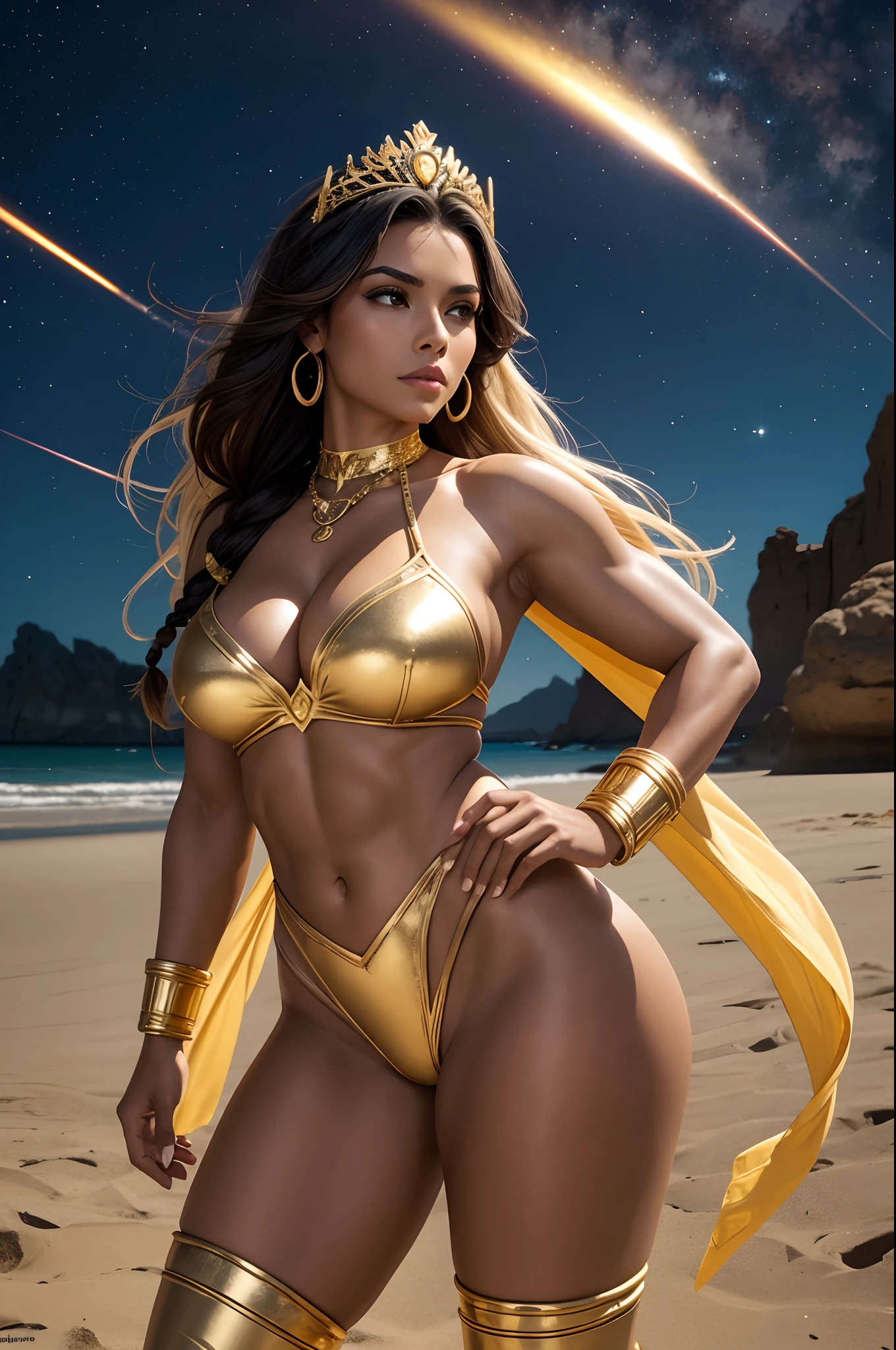 Indigenous Woman, bombshell, 29 anos, bodysuit tomara que caia dourado, coxas expostas, armadura de ouro, Superheroine woman , gold armbands, Manoplas gold, colar gargantilha de douro, tiara dourada, brincos grandes de argola, faixa dourada, pose majestosa, cabelos negros, cabelos pretos, Cabelos Longos, braided hair, Curvilinear athletic body, Muscles, Ombros, ombros largos, coxas, seios, Exposed glutes, Vista lateral do corpo, olhos azuis, look-at-camera, facial expression of tenderness, Romantismo, deserto de areia, pedras, night sky, fora, raios de luz