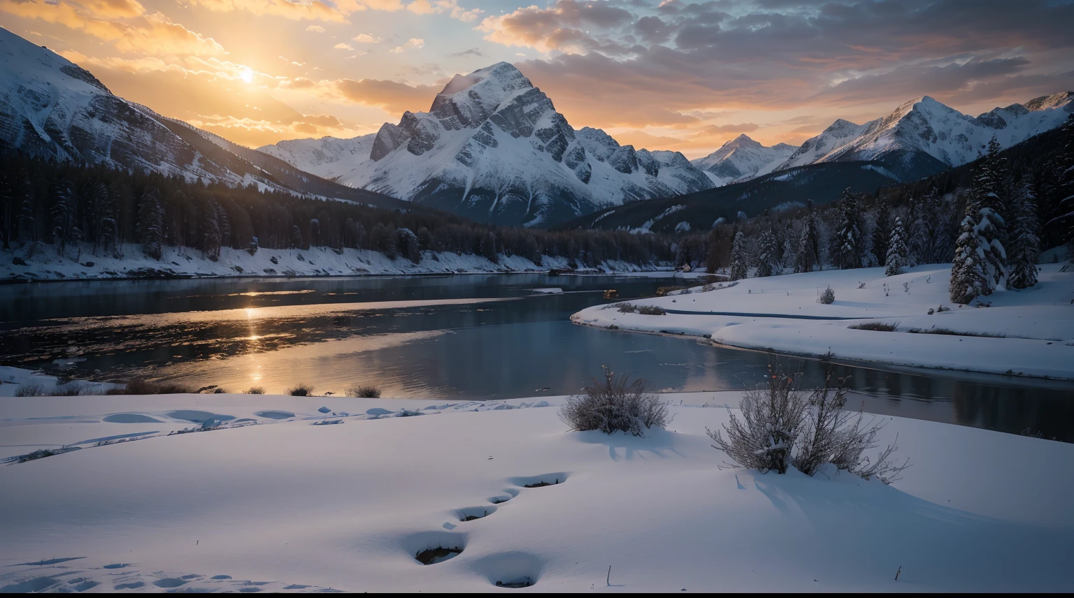 "Please generate an ultra-realistic, high-quality, and full-screen image that portrays a paradisiacal mountain landscape with snow and a stunning sunset. The scene should be exquisitely detailed, and the cinematic style should make it feel like a frame from an epic movie. Capture the majestic beauty of the snowy mountains with the setting sun casting a warm and magical glow. The image should immerse the viewer in the serenity and awe of nature, providing a sense of wonder and tranquility. Utilize advanced artificial intelligence techniques to ensure the image is a masterpiece of realism and detail, as if it were a still from a breathtaking cinematic experience."