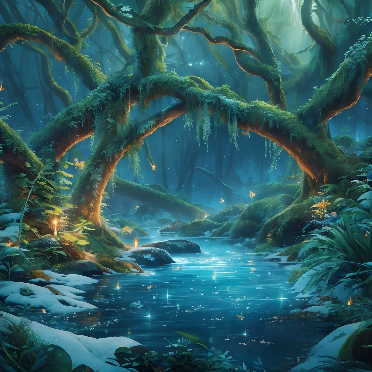 tmasterpiece,Best quality at best,high high quality,extremely detaile,8K,A small stream flows through a mysterious wood,Fantastic snow and ice jungle,ice witch,Colorful ice magic,glowing sprites,Natural elements in the forest theme,Colorful snow and ice jungle,Epic fantasy art style,Delicate leaves and branches are surrounded by fireflies(nature elements),(Jungle theme),(Foliage),(tree branch),(glowworm),(Particle effect)and other 3D, Octane rendering,Ray traching,Super meticulous,Depicting the harmony between man and nature