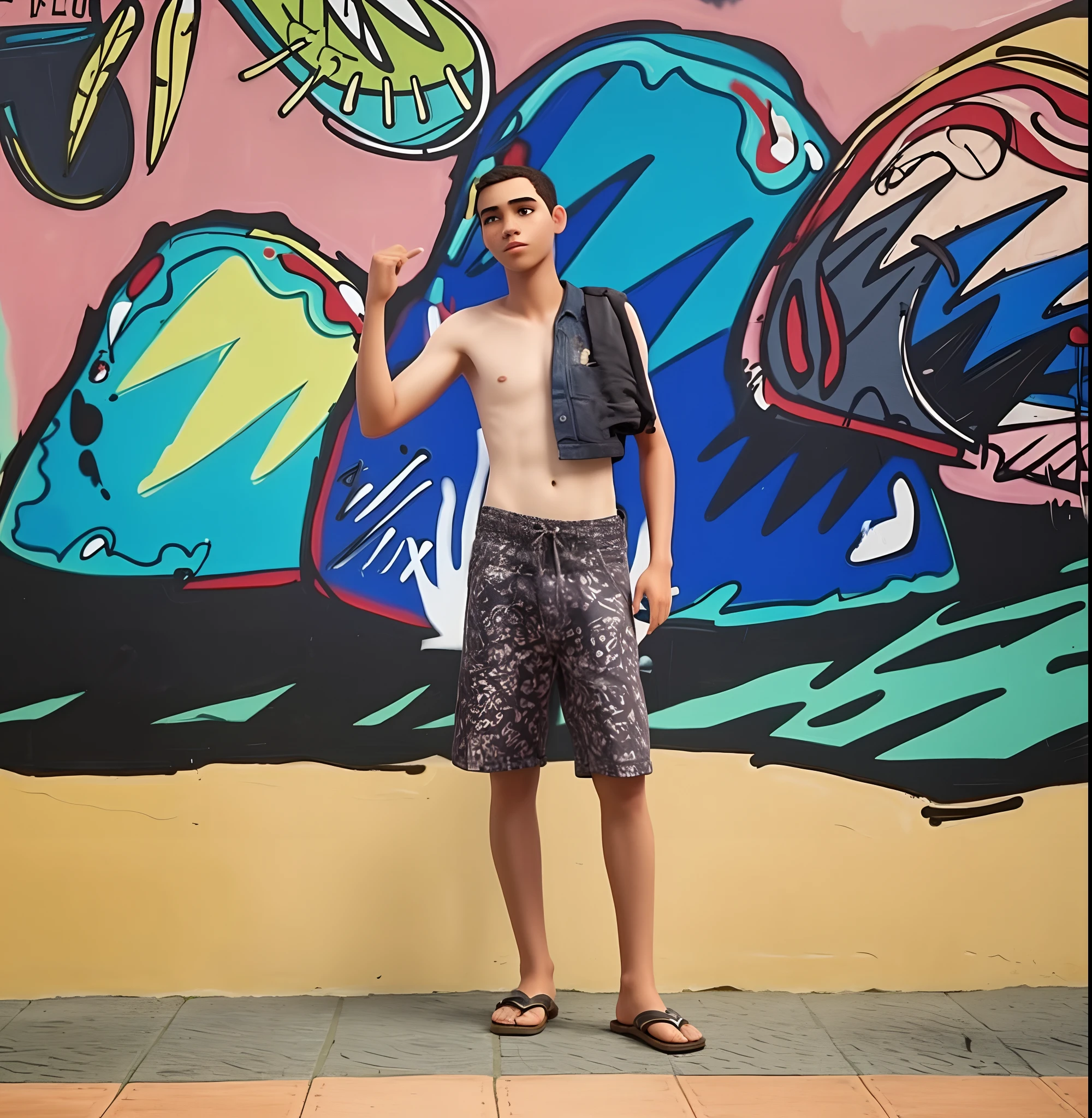 A slim young adult, defined body, tanned, Brazilian, short hair, standing, wearing shorts and flip-flops, in the background an artistic graffiti
