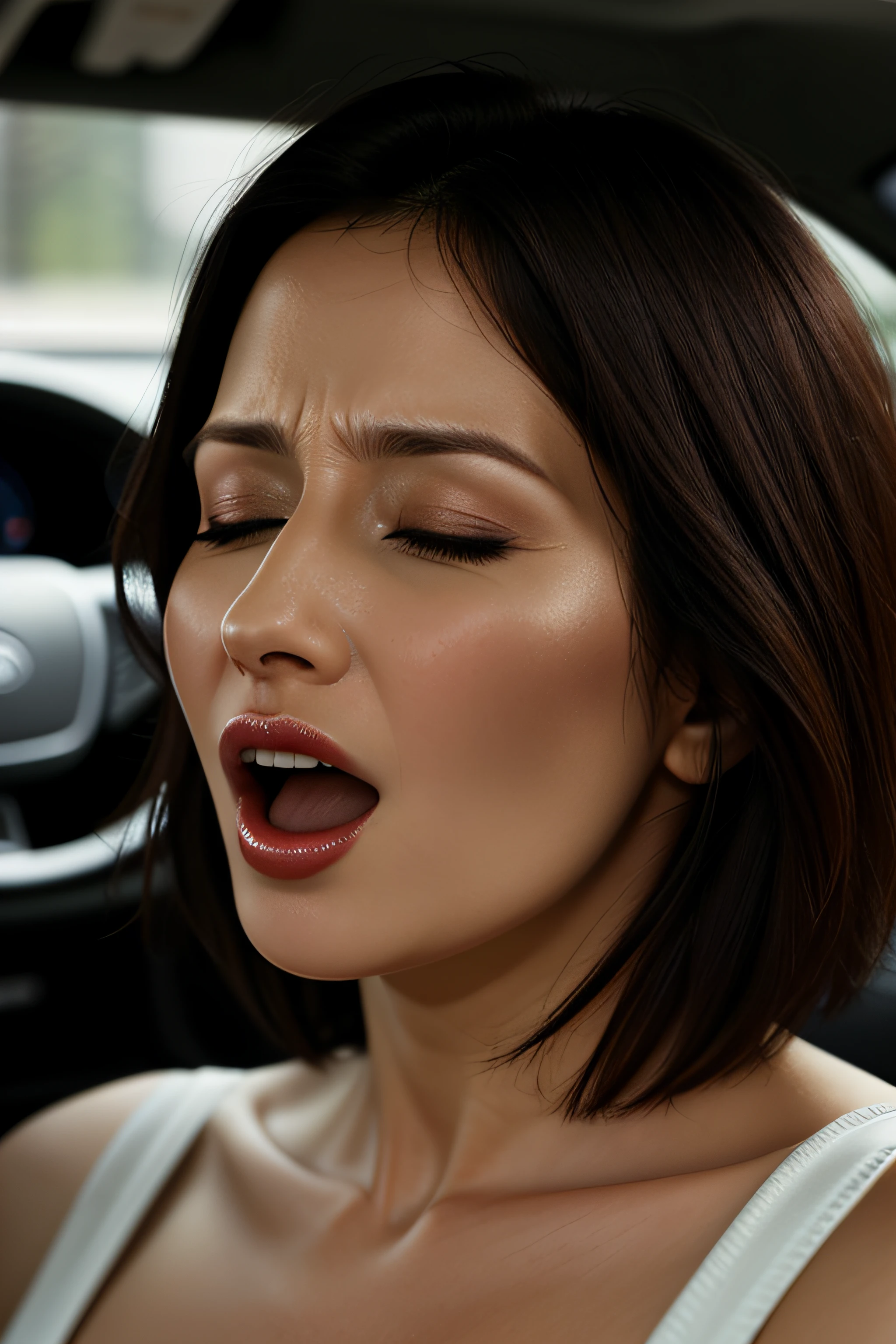 masutepiece,,award - winning photo, Extremely detailed, edgOrgasm,Face Focus, Face Close-up、(Woman with mouth open and eyes closed ), 18year old、A dark-haired、CNN News Anchor、Glossy skin、inside of a car、Close-up of face,frombelow、realistic nose,short cut hair、