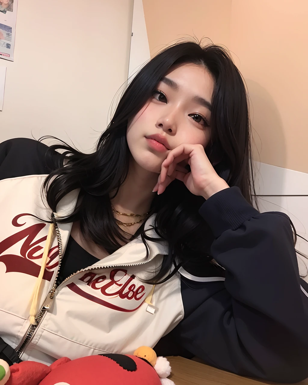 Araffe woman sitting at a table with a stuffed animal, Ulzzang, menina de cabelo preto vestindo capuz, menina coreana, menina vestindo capuz, 19-year-old girl, Jinyoung Canela, linda mulher coreana jovem, she is wearing streetwear, Mulher sul-coreana bonita, Jaeyeon Nam, Heonhwa Choe, ela tem cerca de 1 6 anos de idade