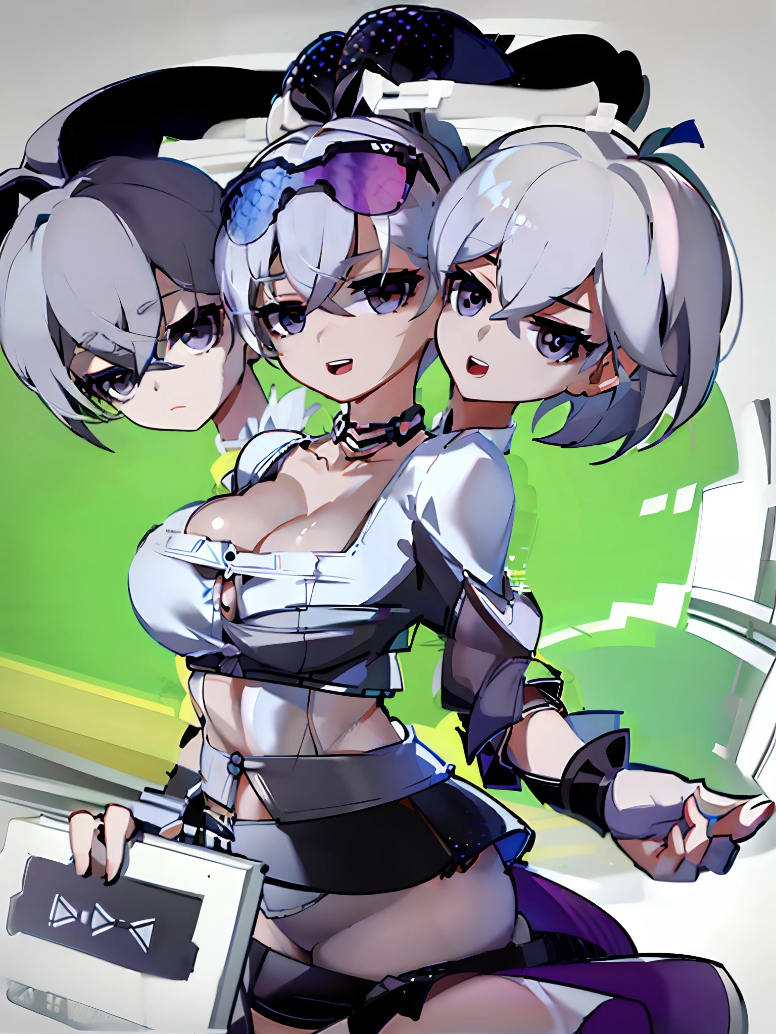 (3heads:1.5), ((double cleavage)), ((tribreasts)), ((masterpiece, best quality)), (1girl), (solo), (female focus), (ahoge, white hair, short hair), black eyes, light smile, open mouth, ((white shirt), (buttoned shirt), (button gap)), ((black skirt), (short skirt)), standing, white background, arms behind back, dynamic angle