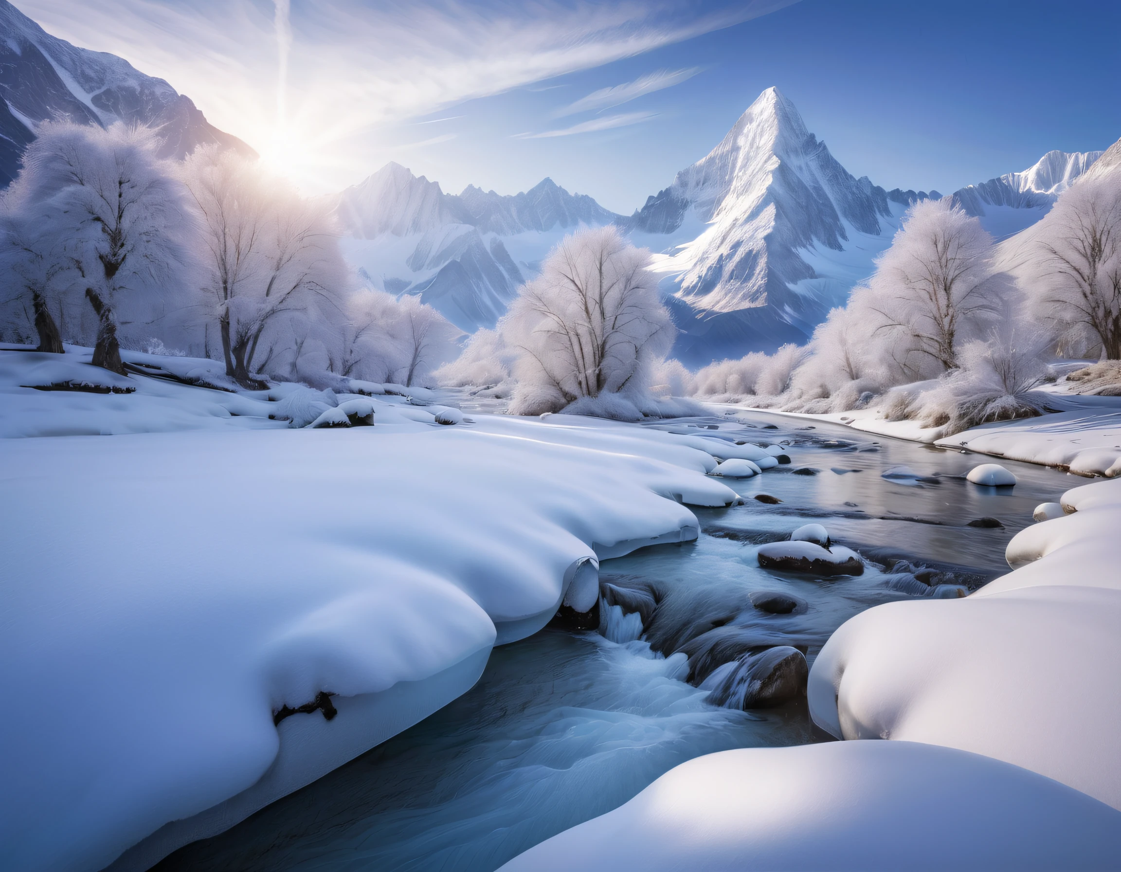 Snowy Serenity: High up in the majestic snow-capped mountains, a pure and tranquil stream emerges from the icy landscape. The glistening water flows amidst the pristine white, creating a serene and mesmerizing scene that evokes a sense of calm and wonder