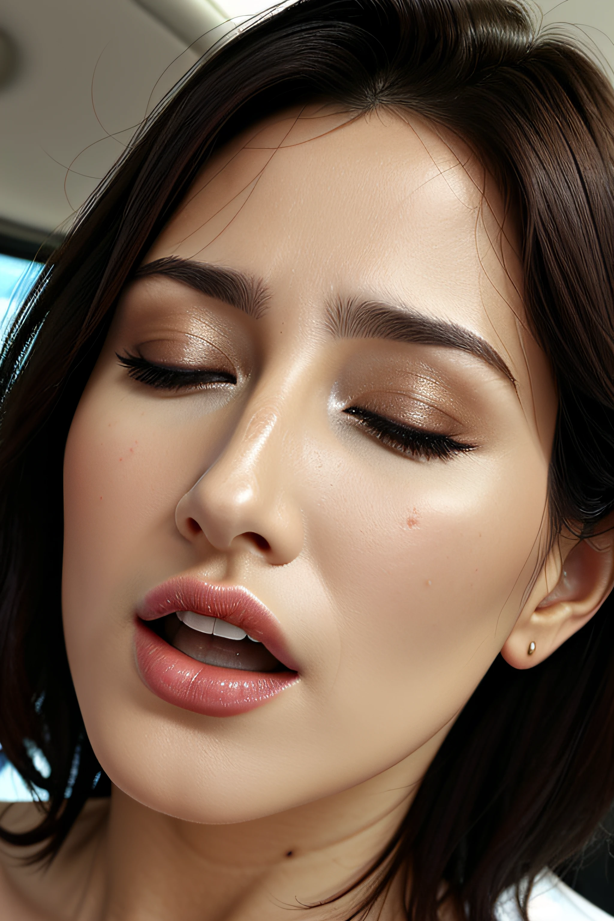 masutepiece,,award - winning photo, Extremely detailed, edgOrgasm,Face Focus, (Woman with mouth open and eyes closed ), 18year old、A dark-haired、CNN News Anchor、Glossy skin、inside of a car、Close-up of face,frombelow、Realistic nostrils、NSFW,short cut hair、