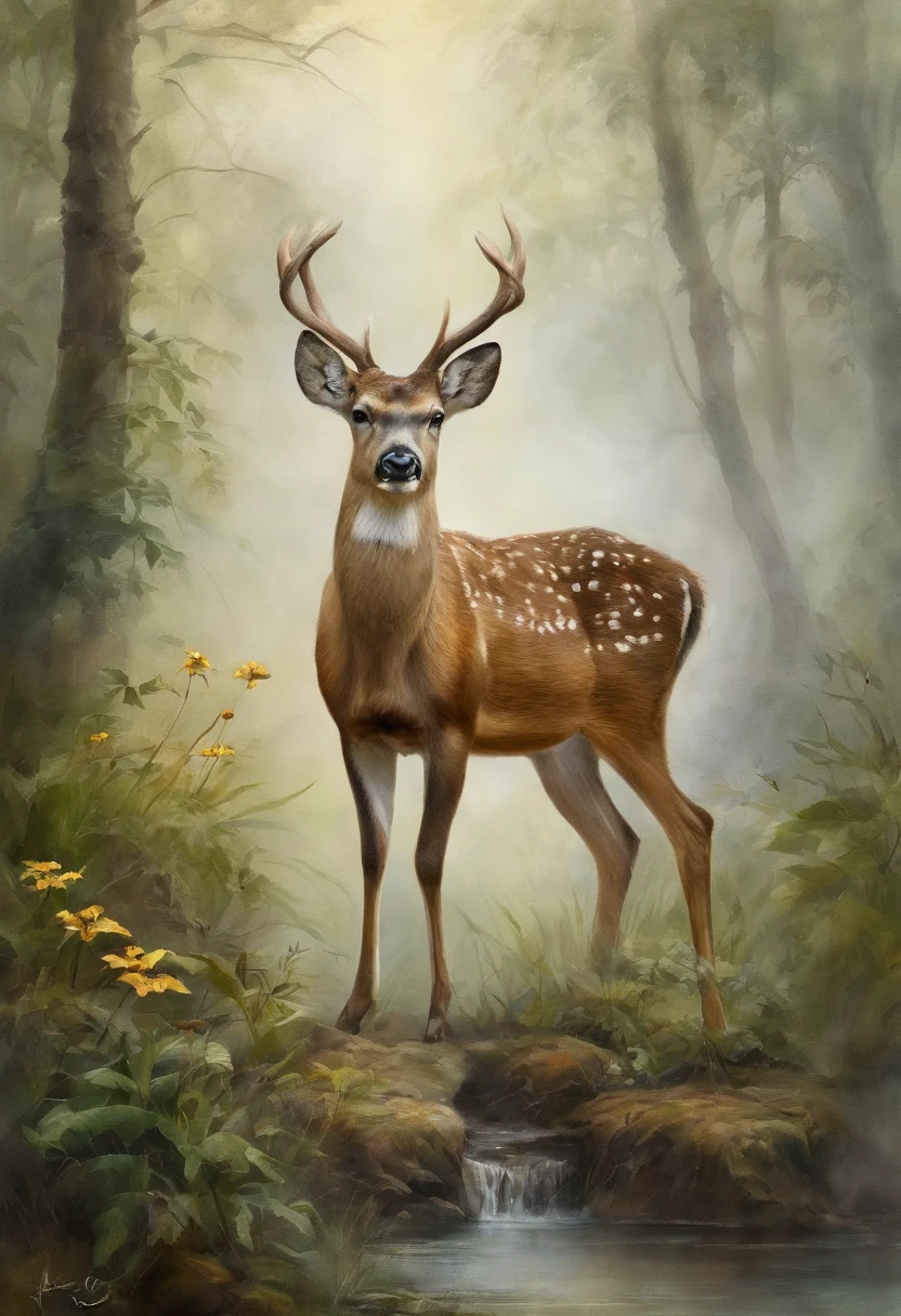 rivulets,jungles,Flowers,sika deer,steamy,smog,Immortal,super-fine,Hyper-realistic,Ultra photo realsisim,tmasterpiece,8K,on focus,Bokeh,Detailed pubic hair,Hyper-detailing,high qulity,High definition,cinematic perspective
