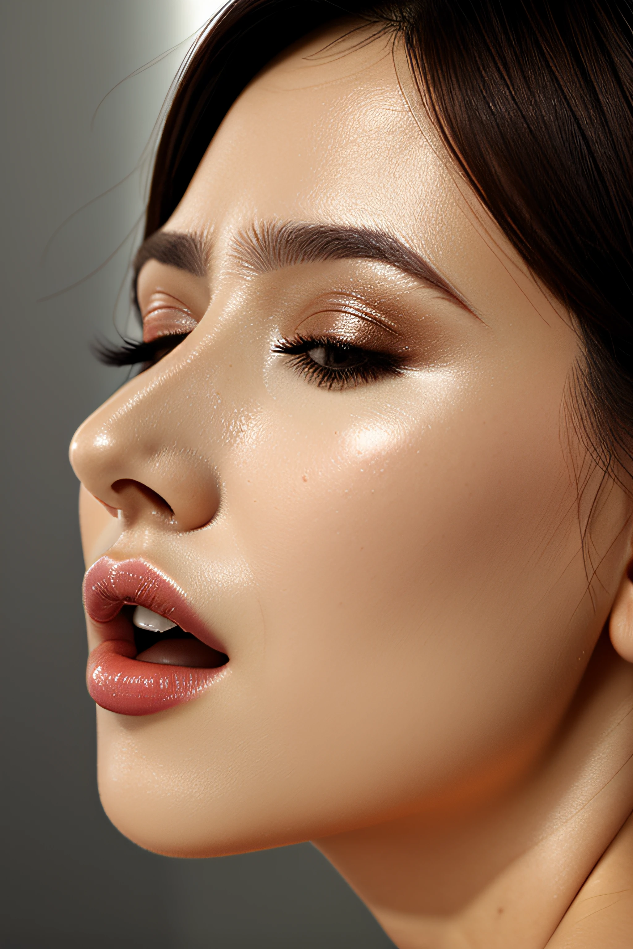masutepiece,award - winning photo, Extremely detailed, edgOrgasm, Woman with mouth open and eyes closed , Skin shiny with sweat、Face Focus、Illumination that emphasizes shiny sweat{{{Spread }}}, A dark-haired、NSFW、