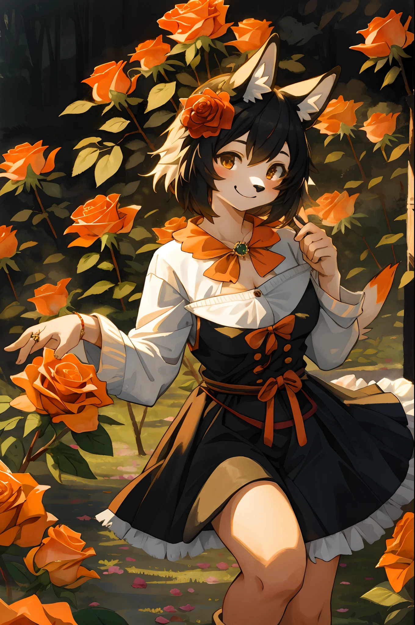 watercolor, highres, top quality, best quality, paid reward available, High-quality illustrations, unparalleled masterpiece, perfect artwork, absurdres, 1girl, kemono, furry, detailed body fur, animal face, animal hand, Archaic Smile, holding a cluster of orange Rose in both hands, which are positioned at chest level, She is wearing a simple ring on the ring finger of her left hand, unfocused spread of orange rose, fan-created work shared on platforms Pixiv or Twitter,