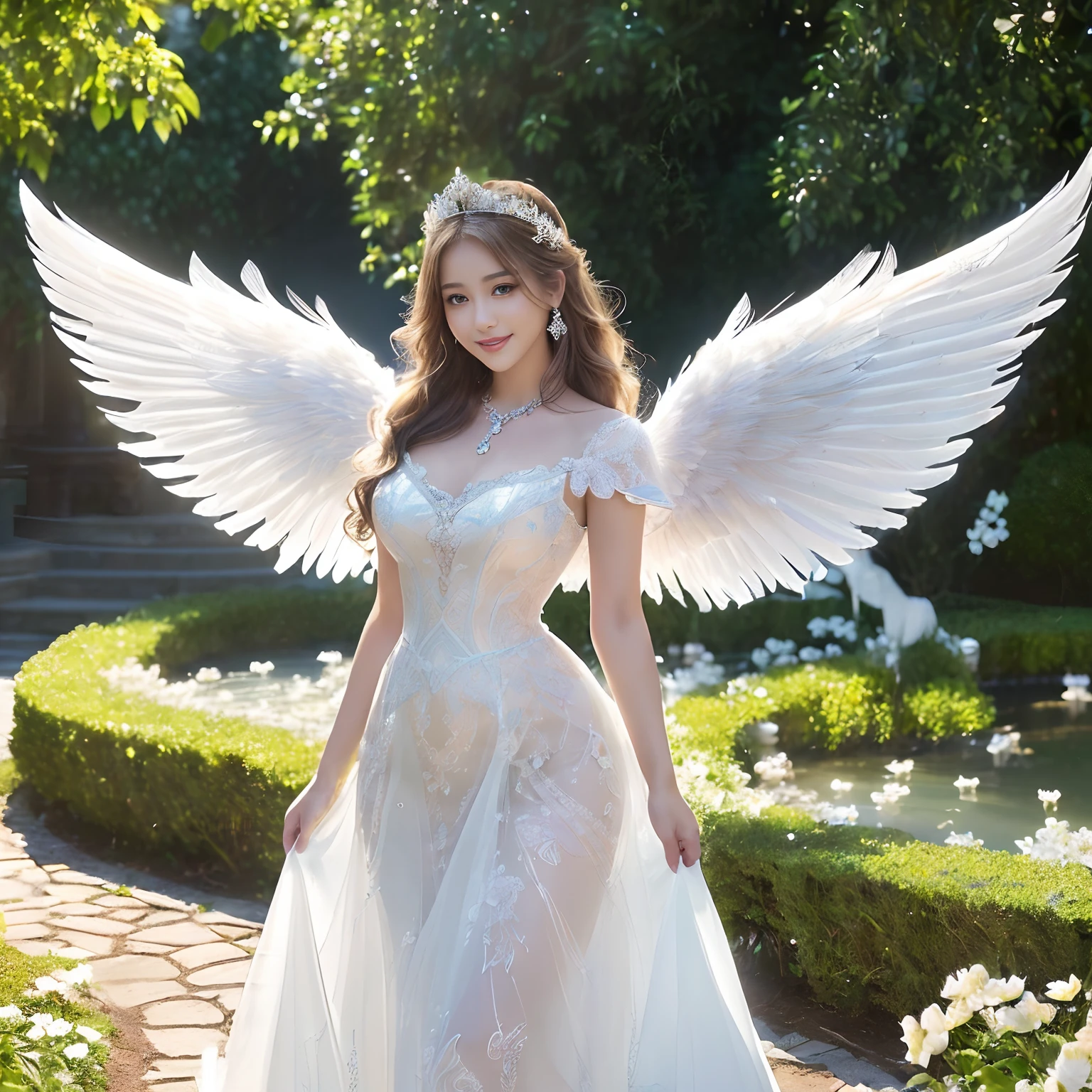 (((masutepiece、top-quality、Highly complex and detailed depictions)))、((Very beautiful angel queen、Maternal smile,mothers,Smile、Beautiful smile,、Walking in the garden、Hair swaying in the wind、Take photos up close、Take a photo above the thigh、Final Form as Perfect Angel, ,Huge and realistic angel wings,The most dignified feathers,The most detailed and intricate angel wings、King of Angels,The most dignified angel,Shimmering white feathers、Plumage gives off a transparent shine、Graceful and classy pose、Filled with Divine Light、The brilliance of a fairy tale、Fairytale Garden、Garden with white flowers、Walking in the garden、Flowers, Fountains and cobblestone gardens、Blue Fountain、Emerald Blue Fountain、Sparkling Spring Water、Walking in the garden、Beautiful cobblestones、Blooming profusely with white flowers,、Beautiful temple gardens、There is a spring surrounded by cobblestones、Beautiful and sparkling fountain、Sacred Well、crystal-clear water、It is full of white flowers、Blooms white flowers、Her feathers shine like a fairy tale、Glowing feathers、Beautiful temple gardens、Fairytale Garden、Walking in the garden、Angels bathed in the sacred soft light、spectacular movie lighting、The most classy white dresses、Very noble、refinement、top grade、The brilliance of a fairy tale、Wings shining in a fairy tale、The most massive pure white princess dress, The finest necklaces,artistic décor,Intricate and solemn dress of an angelic masterpiece,White decorative dress,Huge Princess Dresses,The most majestic figure of the angel,The most intricately depicted angelic figures,Feathers that shine like a fairy tale、The plumage gives off a snow-white shine、The plumage gives off a translucent fairytale glow、Unimaginable beauty,The most intricate and beautiful dresses,Accurate reproduction of the perfect angelic detail,The figure of an unimaginably beautiful angel)),((Most beautiful face,Half Japan and half Spanish,Maternal tenderness、Maternal smile,Beautiful wavy hair,The most luxurious and intricate dresses,stares at the camera、Giant wings of angels,masutepiece,8K,very intricate,ultra-detailliert))