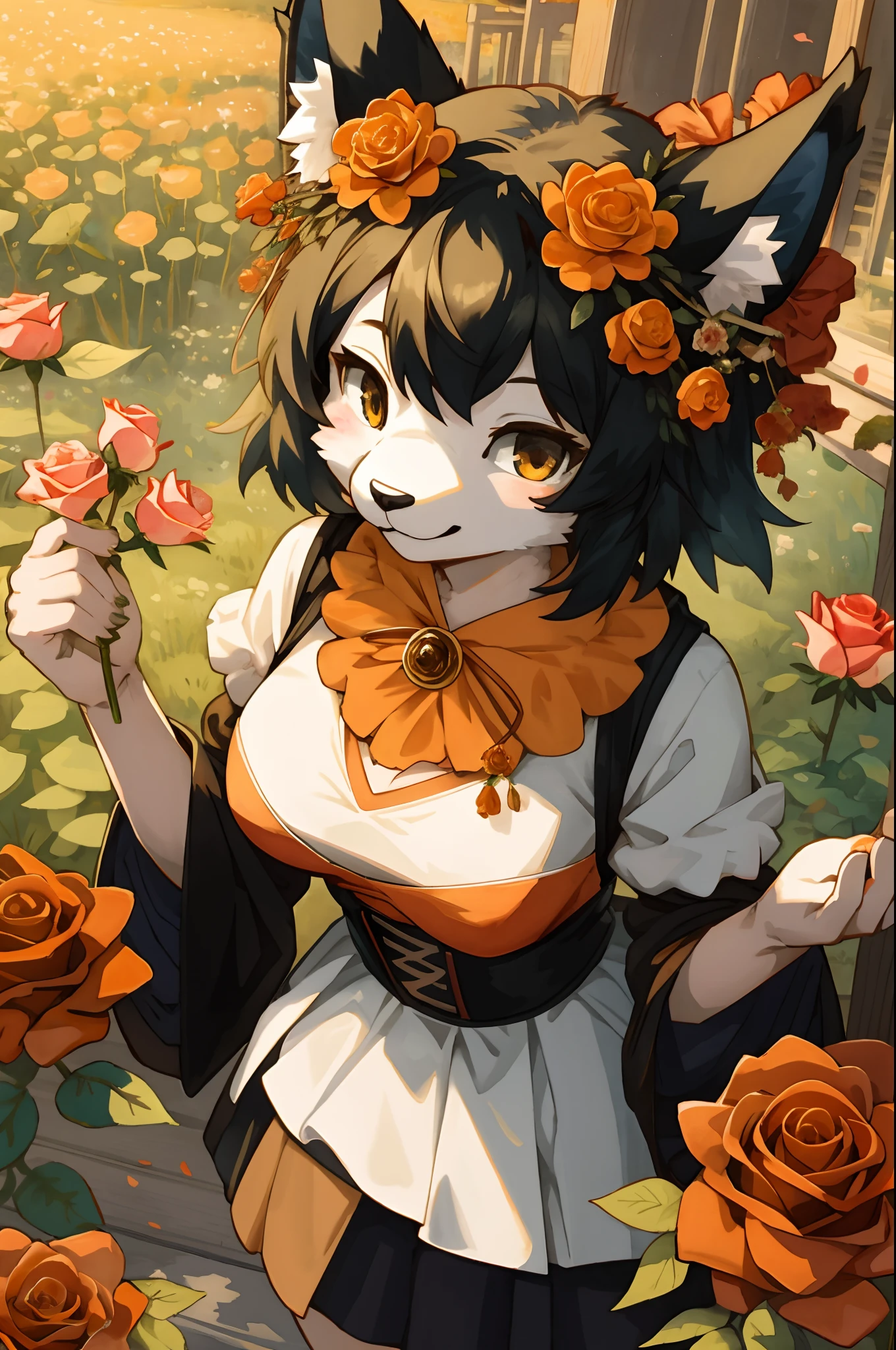 watercolor, highres, top quality, best quality, paid reward available, High-quality illustrations, unparalleled masterpiece, perfect artwork, absurdres, 1girl, kemono, furry, detailed body fur, animal face, animal hand, Archaic Smile, holding a cluster of orange Rose in both hands, which are positioned at chest level, She is wearing a simple ring on the ring finger of her left hand, unfocused spread of orange rose, fan-created work shared on platforms Pixiv or Twitter,