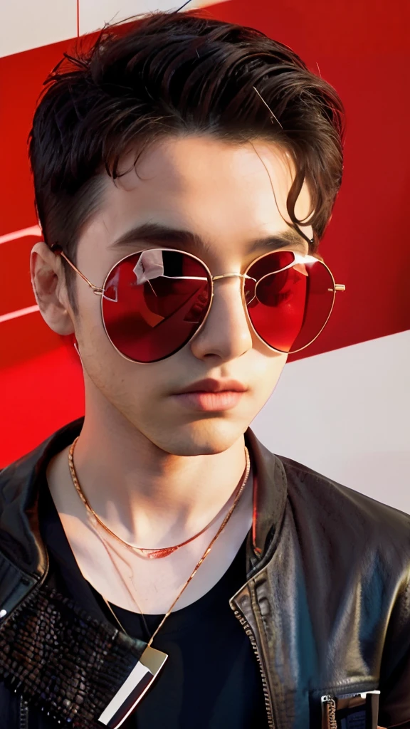 arafed man wearing sunglasses and a leather jacket standing in front of a red and white wall, round sunglasses, 2 0 2 0 fashion, profile pic, with sunglass, wear ray - ban glass, with mirrorshades sunglasses, with sunglasses, designer sunglasses, ✨🕌🌙, circular sunglasses, sunglasses, wearing thin large round glasses, cool sunglasses car drive real