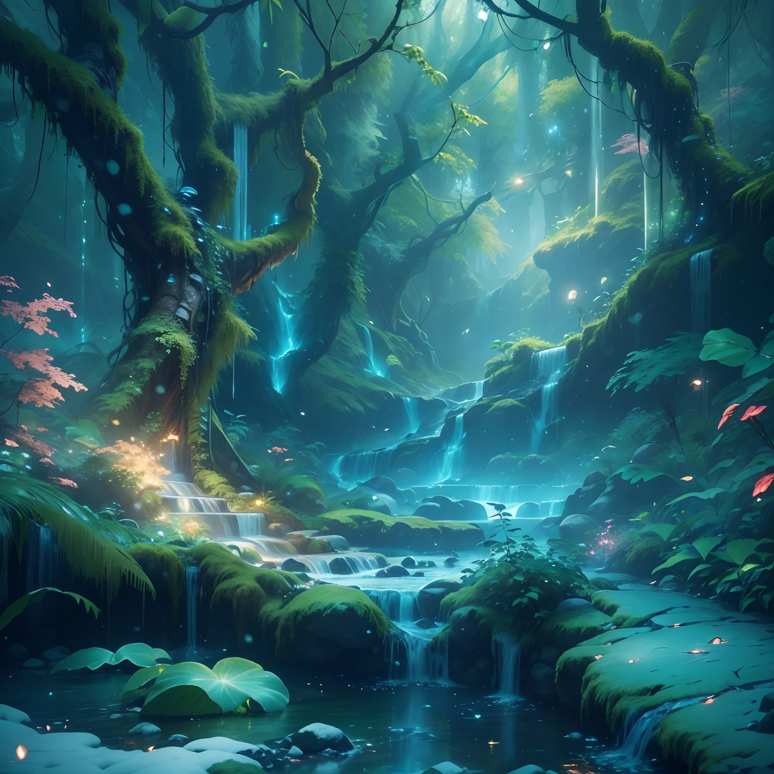 tmasterpiece,Best quality at best,high high quality,extremely detaile,8K,A small stream flows through a mysterious wood,Fantastic snow and ice jungle,ice witch,Colorful ice magic,glowing sprites,Natural elements in the forest theme,Colorful snow and ice jungle,Epic fantasy art style,Delicate leaves and branches are surrounded by fireflies(nature elements),(Jungle theme),(Foliage),(tree branch),(glowworm),(Particle effect)and other 3D, Octane rendering,Ray traching,Super meticulous,Depicting the harmony between man and nature