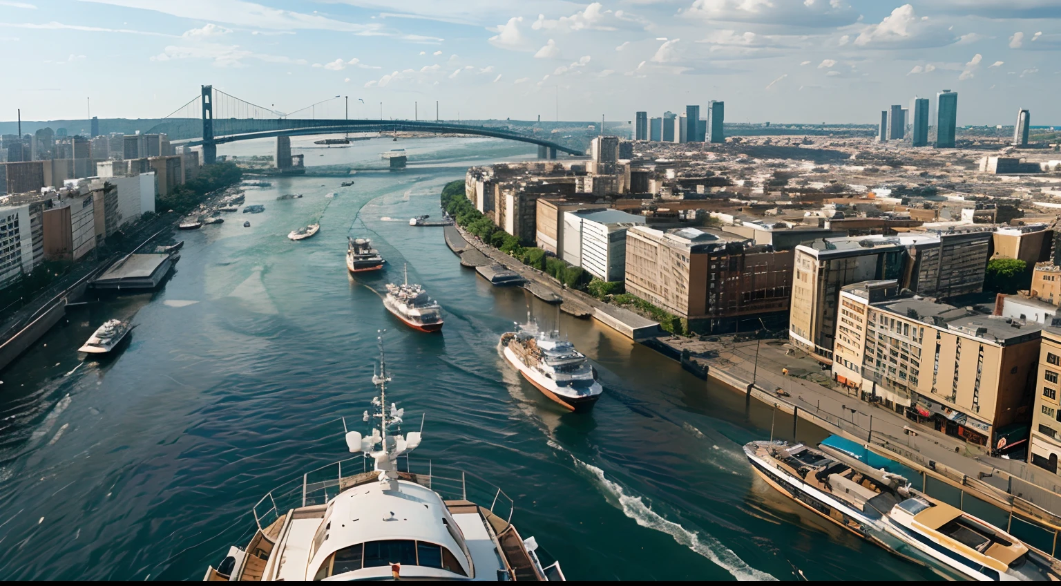 A top view of the city, a wide river with five-story buildings on both sides. Boats are sailing on the river, with water splashing at the stern.