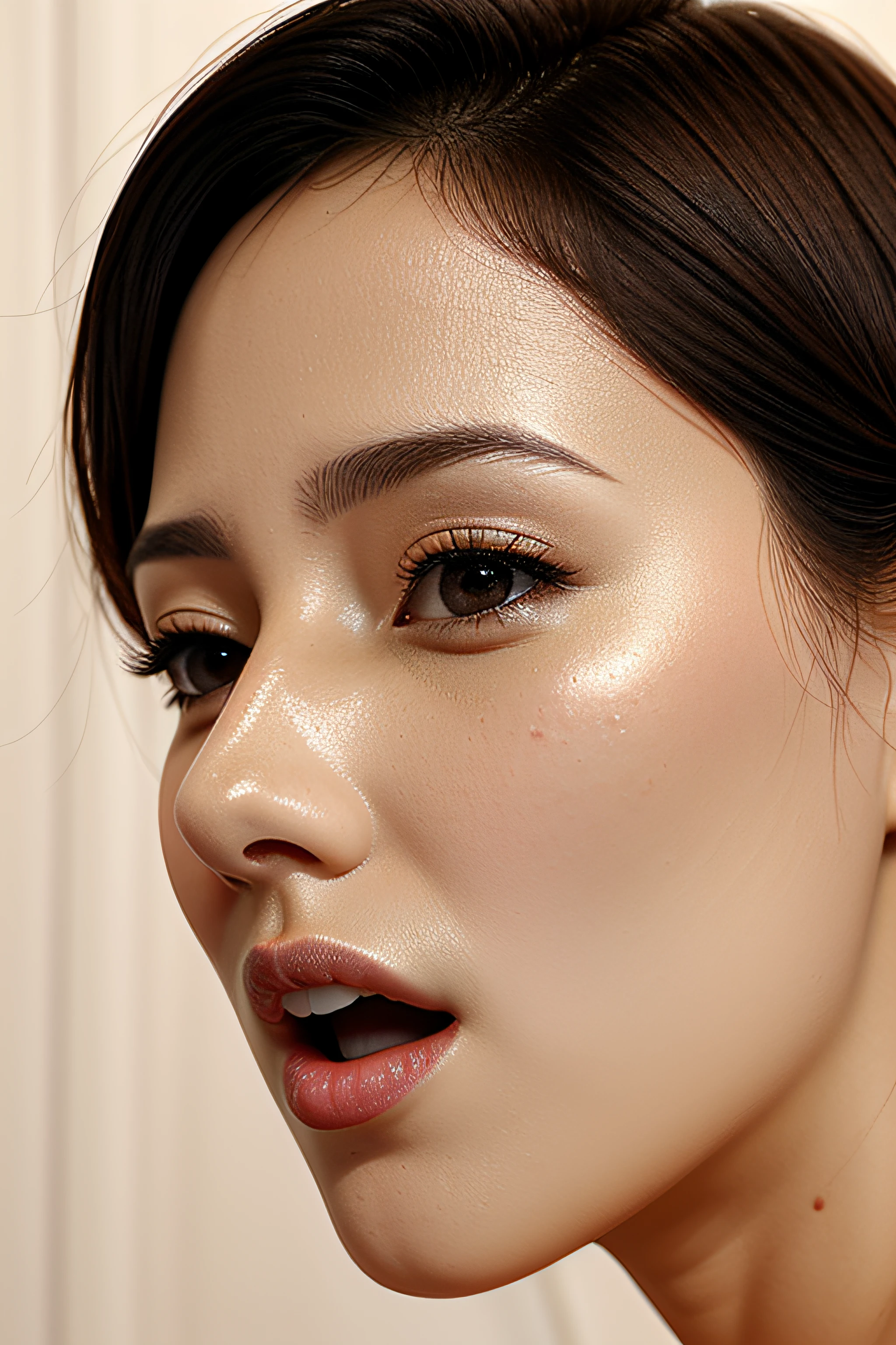 masutepiece,,award - winning photo, Extremely detailed, edgOrgasm,Face Focus Face、1girl in,1boy、,35 year old、A dark-haired、Glossy skin、Close-up of face,(Super close-up of nose,Face shot),low angles:1.5,(Realistic nostrils)、Lens Distortion Removal、Reproduction of pores、profile、1girl in,Beautiful woman with straight nose、short cut hair、NSFW,,Open mouth、The nostrils are dirty、In the nostrils there are traces of shaving、