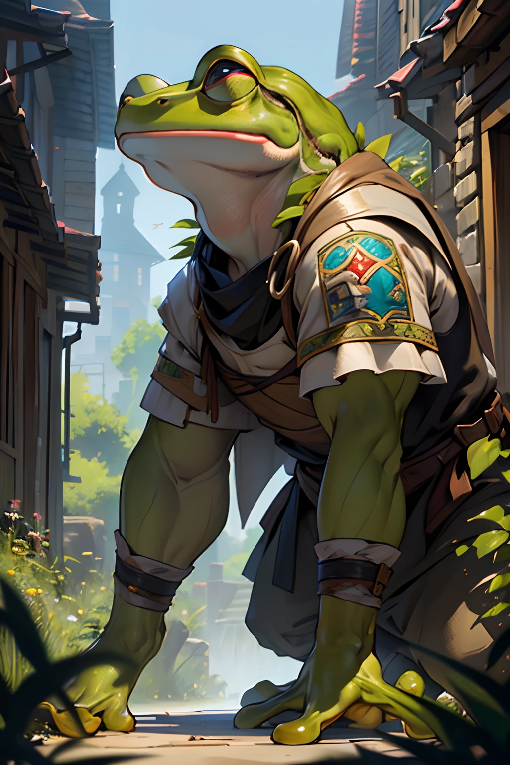beste-Qualit, tmasterpiece, extra high resolution, Detailed, realisti, 独奏, In the background is a medieval fantasy city, (Frog Arms:1.3), stands, Humanoid frog, Furry Frog, Frog erectus, (Grung:1.5), fantasy, Small size, green skin, in full height, Resident's clothes, fantasy, (Clothes of a medieval city dweller:1.2), (Fantasy Villager Clothing:1.2), D&D, Horror \(subject\), Dark Fantasy, Depth of field, non-human,(Ultra-detailed:1.3), Finely detailed, Ultra-detailed, (dynamicpose:1.0),(centered, scale to fit the dimensions, the rule of thirds), hight resolution, sharp-focus,(Ultra Detailed, Extremely detailed),(Photorealistic works of art:1.37),(чрезвычайно детализированные CG Unity 8k ),(((bright colours, A striking theme))),(Intricate),(Masterpiece),(Best Quality).