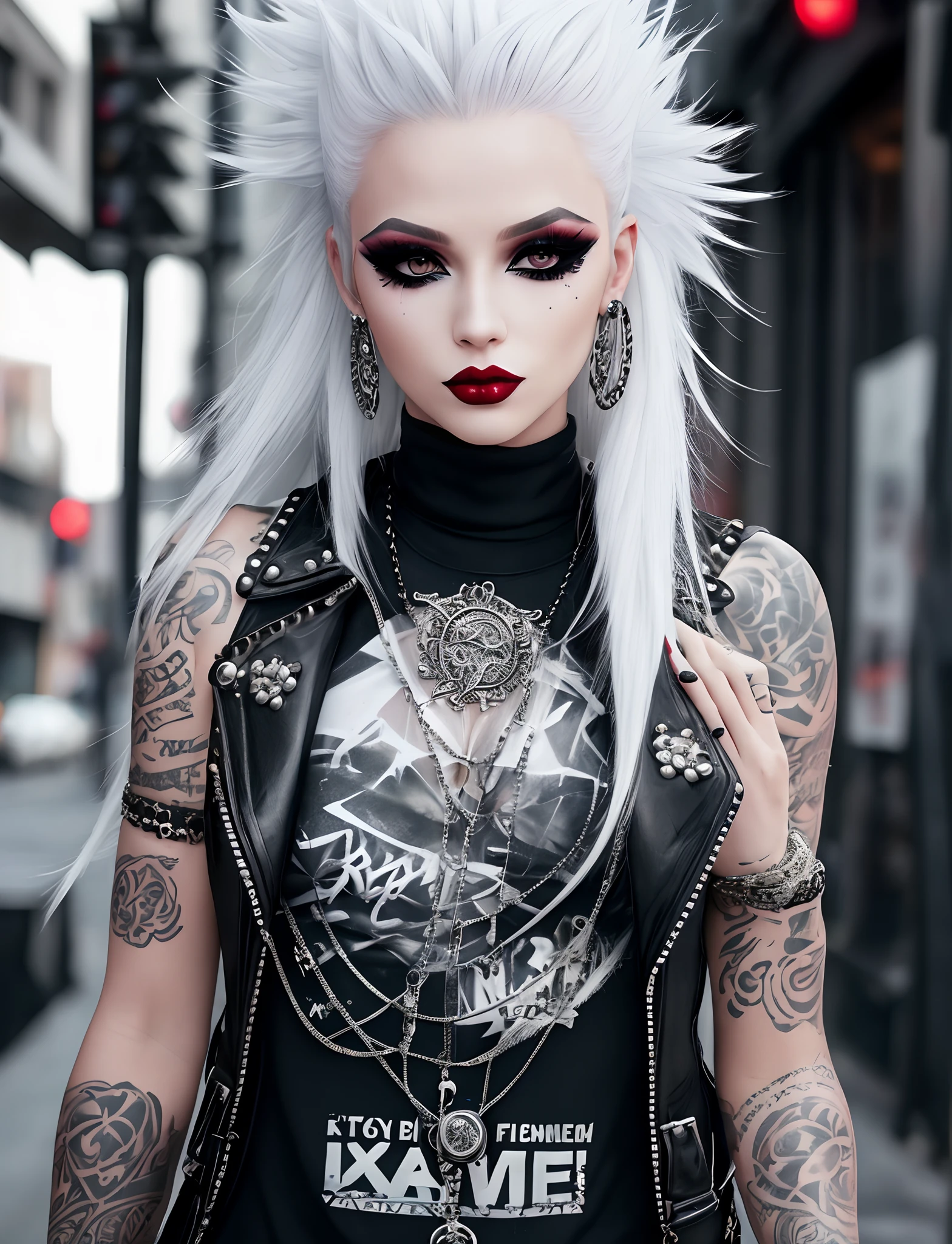 girl trapped in abottle、white hair woman, Hair Punk, Fashion Photography Editorial Style, Hype Beast Super Fast Fashion Gangster Sign
The prompts for the first theme are as follows:
"(Best Quality, 8K, 32K, masutepiece:1.3), Ultra-detailed, (Photorealistic:1.4), white colors, albino, Punk Girl, Detailed eyes, Upper body, Luxurious punk hair, Edgy punk fashion, Avant-garde makeup, Numerous piercings, Heavily tattooed body, Street background, Backlight effect, blurry backround