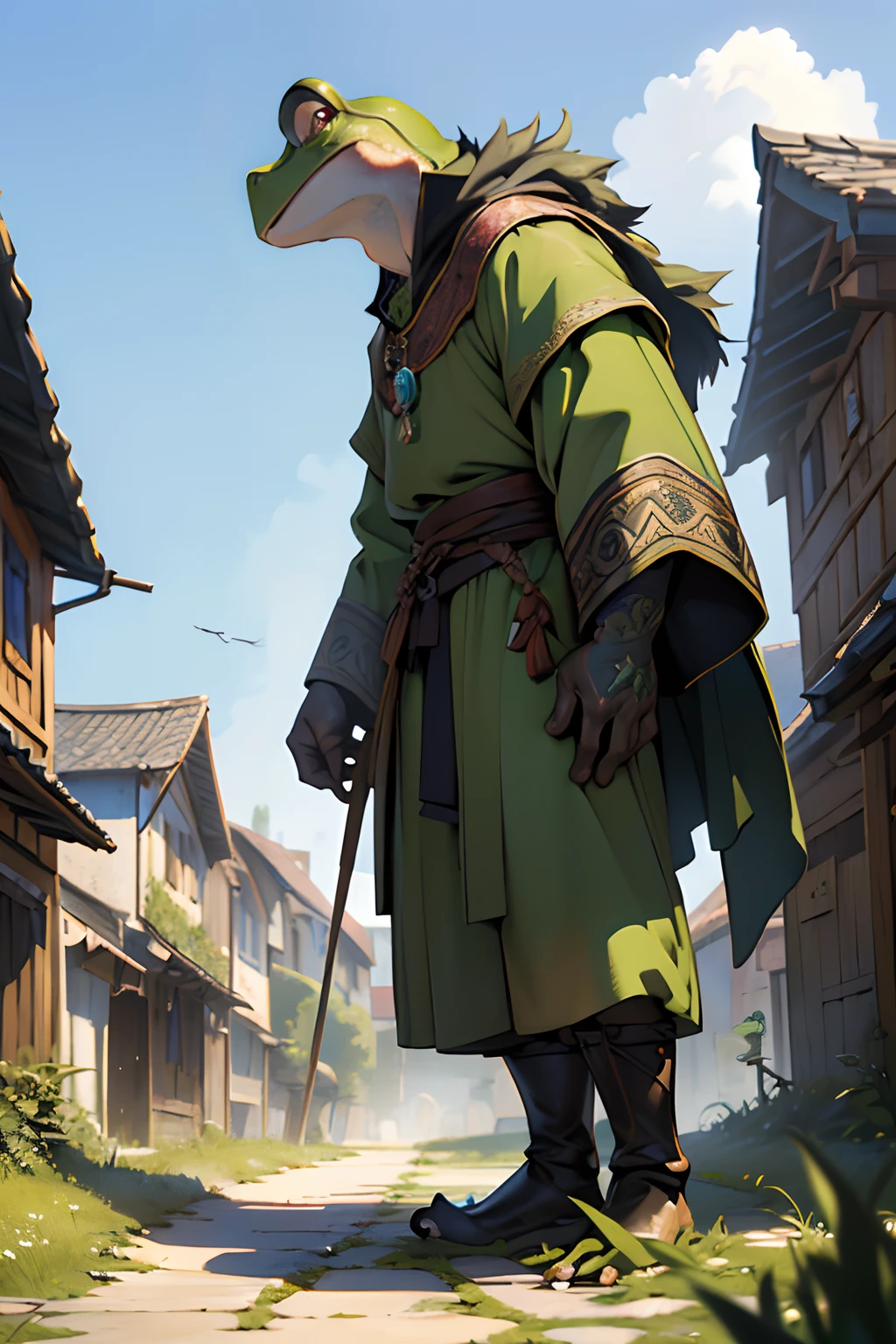 beste-Qualit, tmasterpiece, extra high resolution, Detailed, realisti, 独奏, In the background is a medieval fantasy city, (Frog Arms:1.3), stands, Humanoid frog, Furry Frog, Frog erectus, (Grung:1.5), fantasy, Small size, green skin, in full height, Resident's clothes, fantasy, (Clothes of a medieval city dweller:1.2), (Fantasy Villager Clothing:1.2), D&D, Horror \(subject\), Dark Fantasy, Depth of field, non-human,(Ultra-detailed:1.3), Finely detailed, Ultra-detailed, (dynamicpose:1.0),(centered, scale to fit the dimensions, the rule of thirds), hight resolution, sharp-focus,(Ultra Detailed, Extremely detailed),(Photorealistic works of art:1.37),(чрезвычайно детализированные CG Unity 8k ),(((bright colours, A striking theme))),(Intricate),(Masterpiece),(Best Quality).