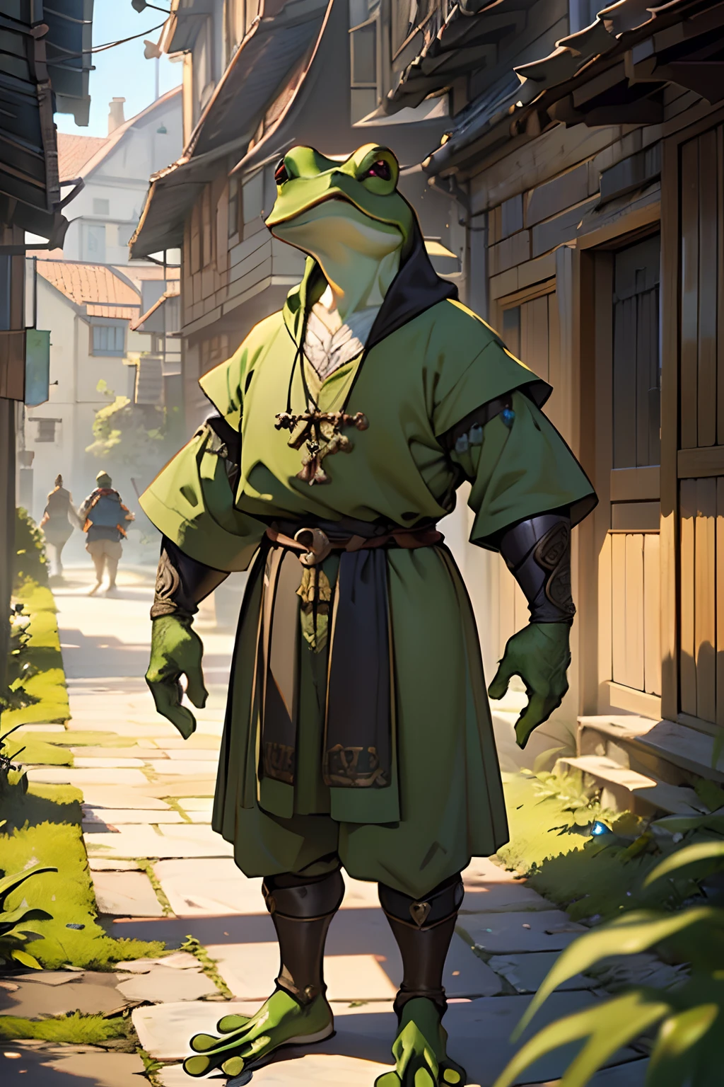 beste-Qualit, tmasterpiece, extra high resolution, Detailed, realisti, 独奏, In the background is a medieval fantasy city, (Frog Arms:1.3), stands, Humanoid frog, Furry Frog, Frog erectus, (Grung:1.5), fantasy, Small size, green skin, in full height, Resident's clothes, fantasy, (Clothes of a medieval city dweller:1.2), (Fantasy Villager Clothing:1.2), D&D, Horror \(subject\), Dark Fantasy, Depth of field, non-human,(Ultra-detailed:1.3), Finely detailed, Ultra-detailed, (dynamicpose:1.0),(centered, scale to fit the dimensions, the rule of thirds), hight resolution, sharp-focus,(Ultra Detailed, Extremely detailed),(Photorealistic works of art:1.37),(чрезвычайно детализированные CG Unity 8k ),(((bright colours, A striking theme))),(Intricate),(Masterpiece),(Best Quality).