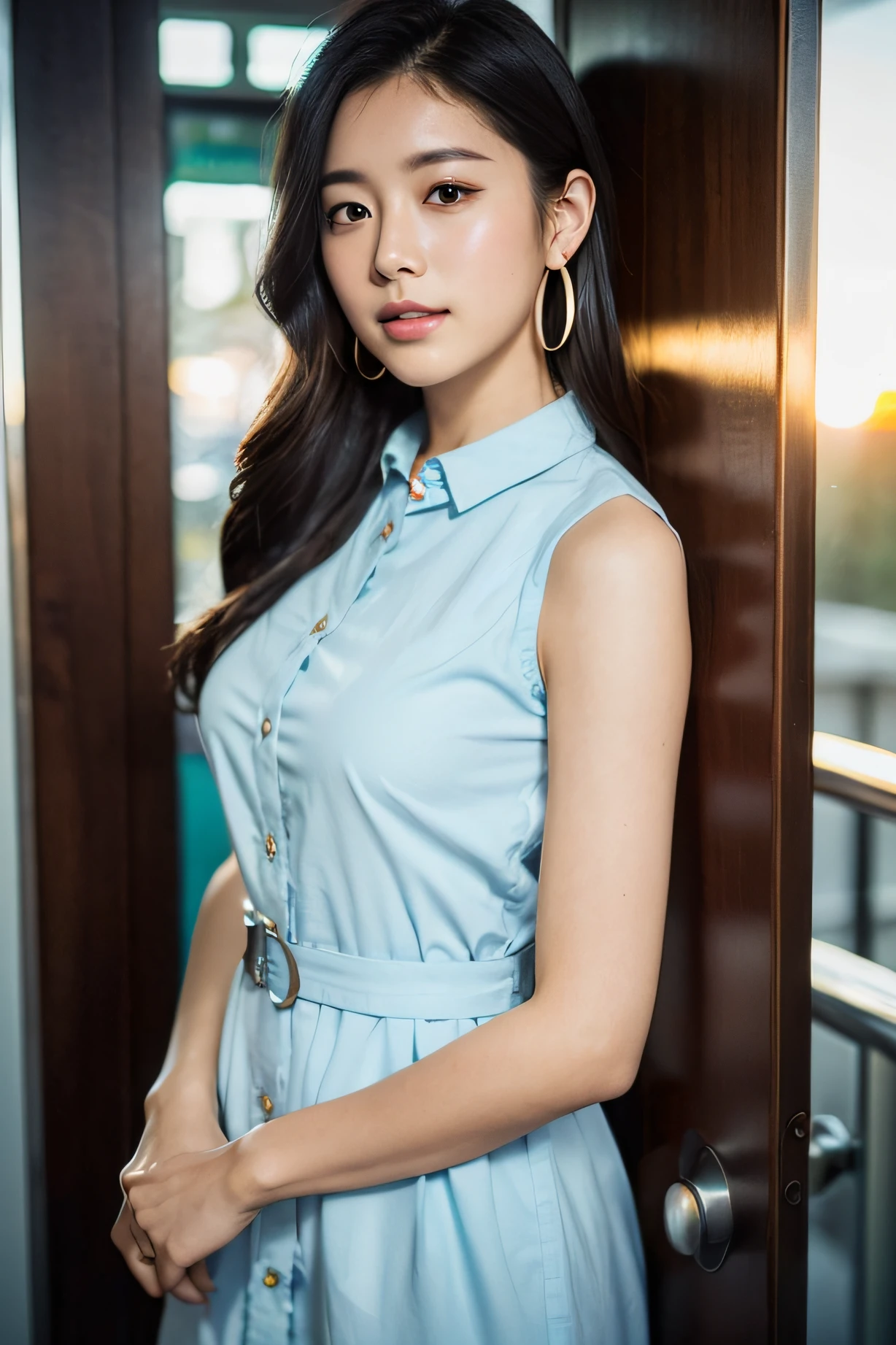 (masutepiece:1.3), High resolution, ultra-detailliert, the Extremely Detailed CG Unity 8K Wallpapers, Realistic, Photorealsitic, Raw photo, beautifull detailed face, pale skin, realistic glistening skin, Detailed Cloth Texture, detailed hair texture, Perfect Style, Beautiful face, acurate, Anatomically correct, Highly detailed face and skin texture, Natural neck length
break
Detailed eyes, symmetrical eye, Brown eyes, Double eyelids, Thin eyebrows, (Sexy lips:1.3),
BREAK,
((a Innocent and cute girl:1.3)), ((Wearing a sleeveless light blue button shirt dress :1.4)), (Beautiful collarbone), (Cross Strap Shoes), shiny little (Necklace, Bracelet), ((large hoop earrings:1.2)), (Ring belt:1.2), (Hobo bag over the shoulder:1.3),
Layered hairstyle, dark brown hair, Wavy Hair, Medium Long Hair, (Very provocative smile:1.2),
medium large breasts, (firm breasts), nice shaped breasts
break,
((Standing leaning against the door:1.3)), (Very crowded bus inside:1.3)
BREAK,
((upperbody shot:1.3)), (Beautiful sunset background sparkling:1.4)