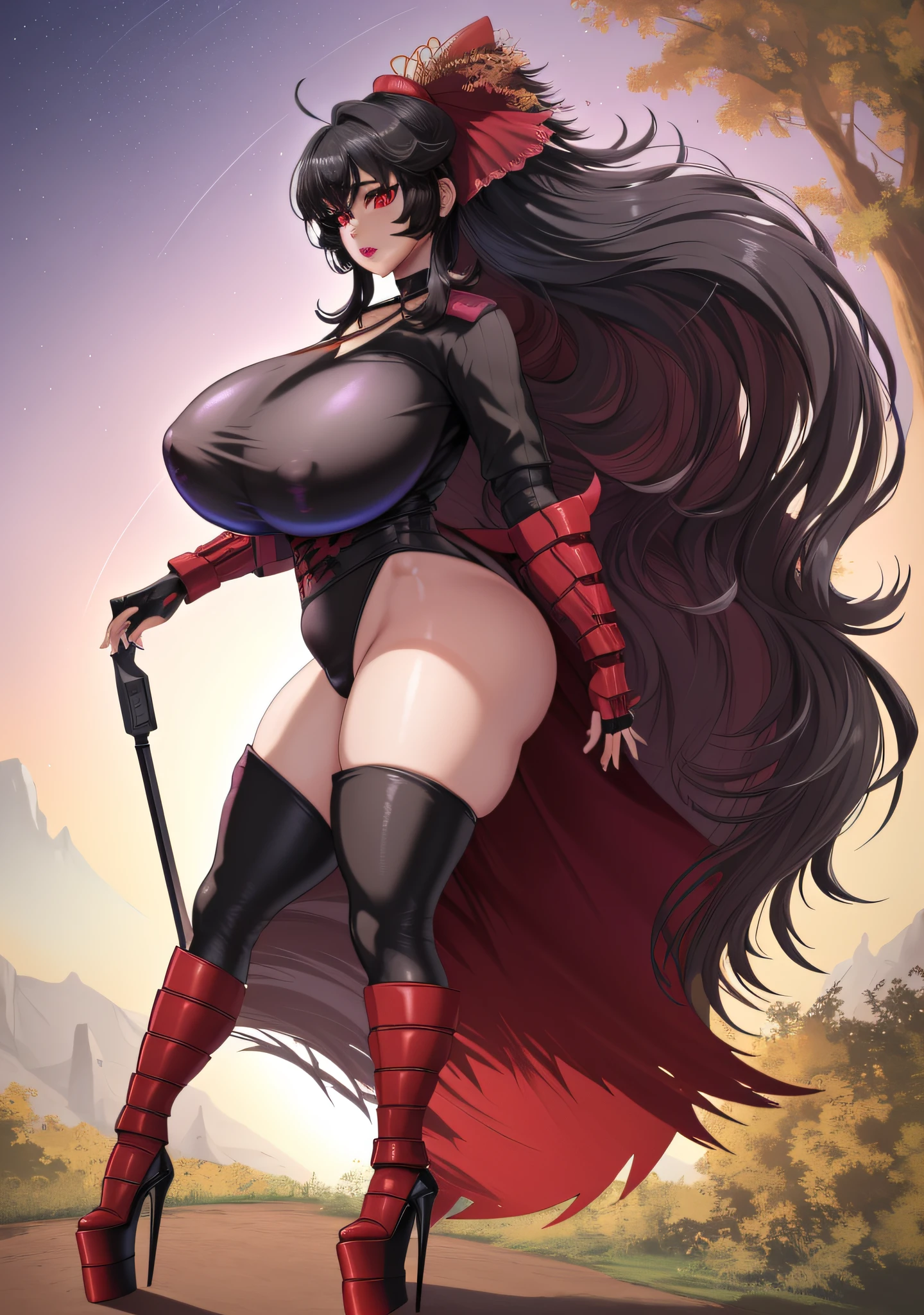 Raven Branwen, ultra detailed game CG, (High resolution:1.1), (absurderes:1.1), Best Quality, Ultra high definition, The highest resolution, Very detailed, Highly detailed face, 1girl in, Solo,
Standing at attention,
Dollsuit, (platform_heels:1.5), hose, boots, choker,
Black_hair,Very_long_hair,red_EYES,Bangs,
1 girl, 20yo,Young female,Beautiful Finger,Beautiful long legs,Beautiful body,Beautiful Nose,Beautiful character design, perfect eyes, perfect face,expressive eyes,
looking at viewer, in the center of the image,(Focus on her face), (full_body:1.4)
official art,extremely detailed CG unity 8k wallpaper, perfect lighting,Colorful, Bright_Front_face_Lighting,shiny skin,
(masterpiece:1.0),(best_quality:1.0), ultra high res,4K,ultra-detailed,
photography, 8K, HDR, highres, absurdres:1.2, Kodak portra 400, film grain, blurry background, bokeh:1.2, lens flare, (vibrant_color:1.2)
(Beautiful,huge_oppai:1.7), (oppai_proportions:1.6), (beautiful_face:1.5),(narrow_waist), (wide_hips:1.6),(thick_thighs:1.6), (thick_lips:1.5),(huge_lips:1.5),(black_lipstick:1.5)