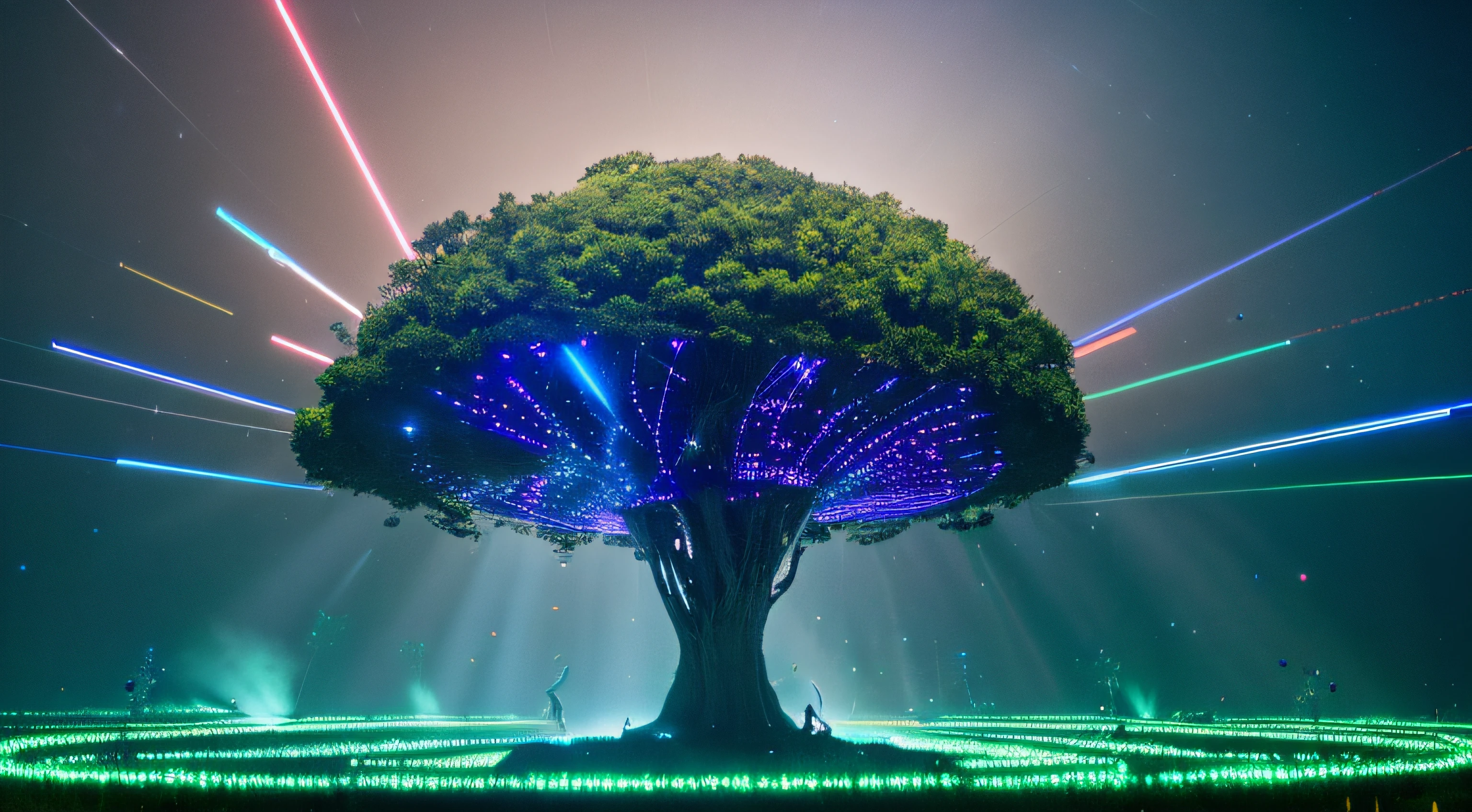 Items: Giant digital trees, glowing circuits, grass resembling optical fibers, delicate LEDs, birds with digital wings, and a massive holographic display.

Location: A future landscape, an environment where digital and nature blend, a futuristic meadow.

State: Trees towering with intertwined circuits, lush grass swaying with shimmering LEDs in the wind, flocks of birds digitally fluttering, and a holographic display illuminating the surroundings.

Theme Style: A futuristic scene with a steampunk-inspired theme, blending the beauty of digital technology and nature.