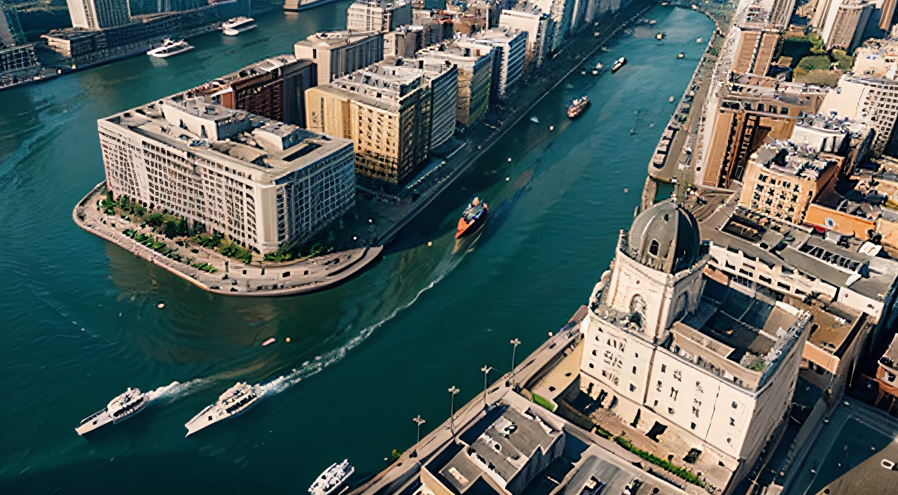 A bird's-eye view of the city, a wide river with five-story buildings on both sides. Boats are sailing on the river, with water splashing at the stern.