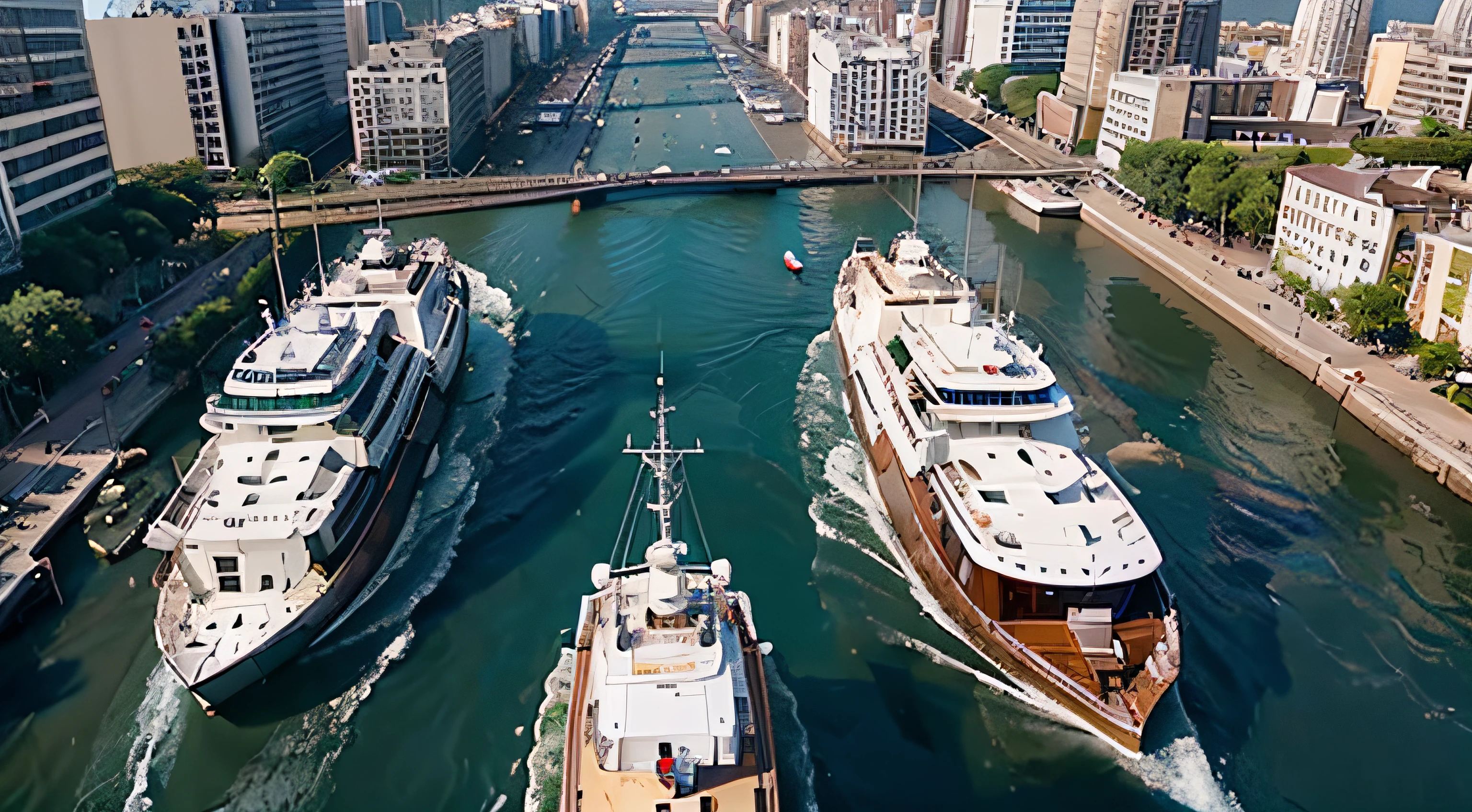 A bird's-eye view of the city, a wide river with five-story buildings on both sides. Boats are sailing on the river, with water splashing at the stern.