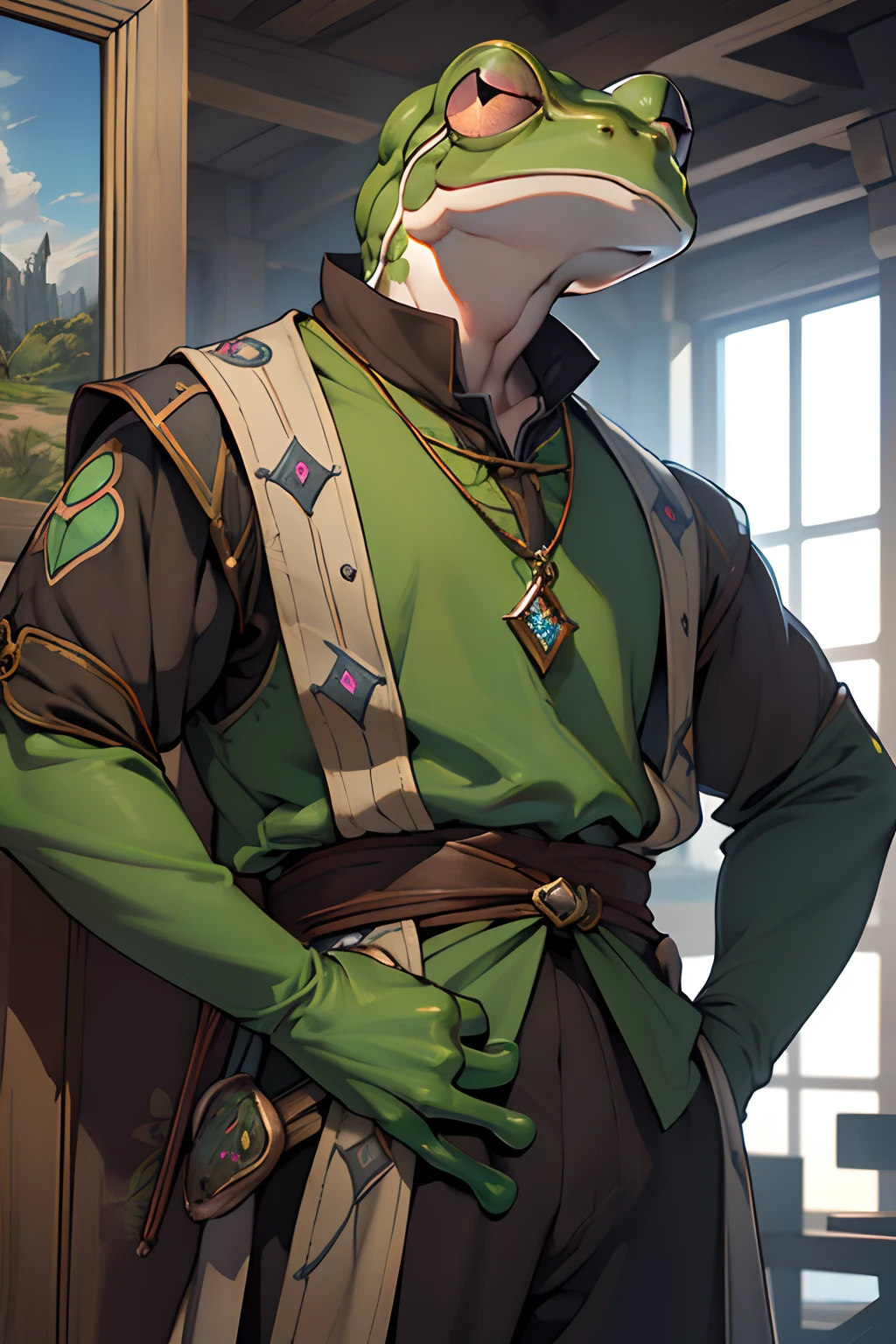 beste-Qualit, tmasterpiece, extra high resolution, Detailed, realisti, 独奏, In the background is a medieval fantasy city, (Frog Arms:1.5), stands, (Humanoid frog:1.4), Furry Frog, Frog erectus, Grung, fantasy, Small size, green skin, in full height, Resident's clothes, fantasy, Clothes of a medieval city dweller, (Fantasy Villager Clothing:1.2), D&D, Horror \(subject\), Dark Fantasy, Depth of field, non-human,(Ultra-detailed:1.3), Finely detailed, Ultra-detailed, (dynamicpose:1.0),(centered, scale to fit the dimensions, the rule of thirds), hight resolution, sharp-focus,(Ultra Detailed, Extremely detailed),(Photorealistic works of art:1.37),(чрезвычайно детализированные CG Unity 8k ),(((bright colours, A striking theme))),(Intricate),(Masterpiece),(Best Quality).