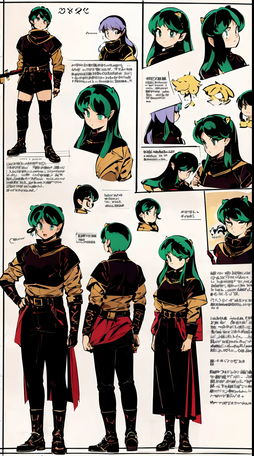 lum, , , urusei yatsura, cloak, pants, pullover, lance holding, weapon holding, standing, sharpteeth, rpg city background, refsheet, knight, warrior