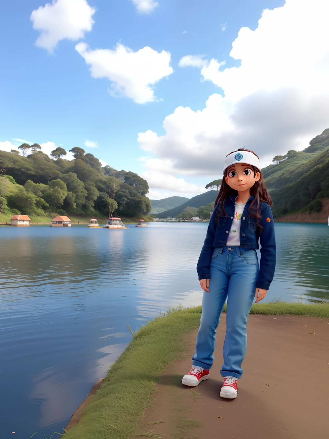 , 10 anos, olhos claros, cabelo claro, Denim Jeans Pants, em um lago com pedalinhos