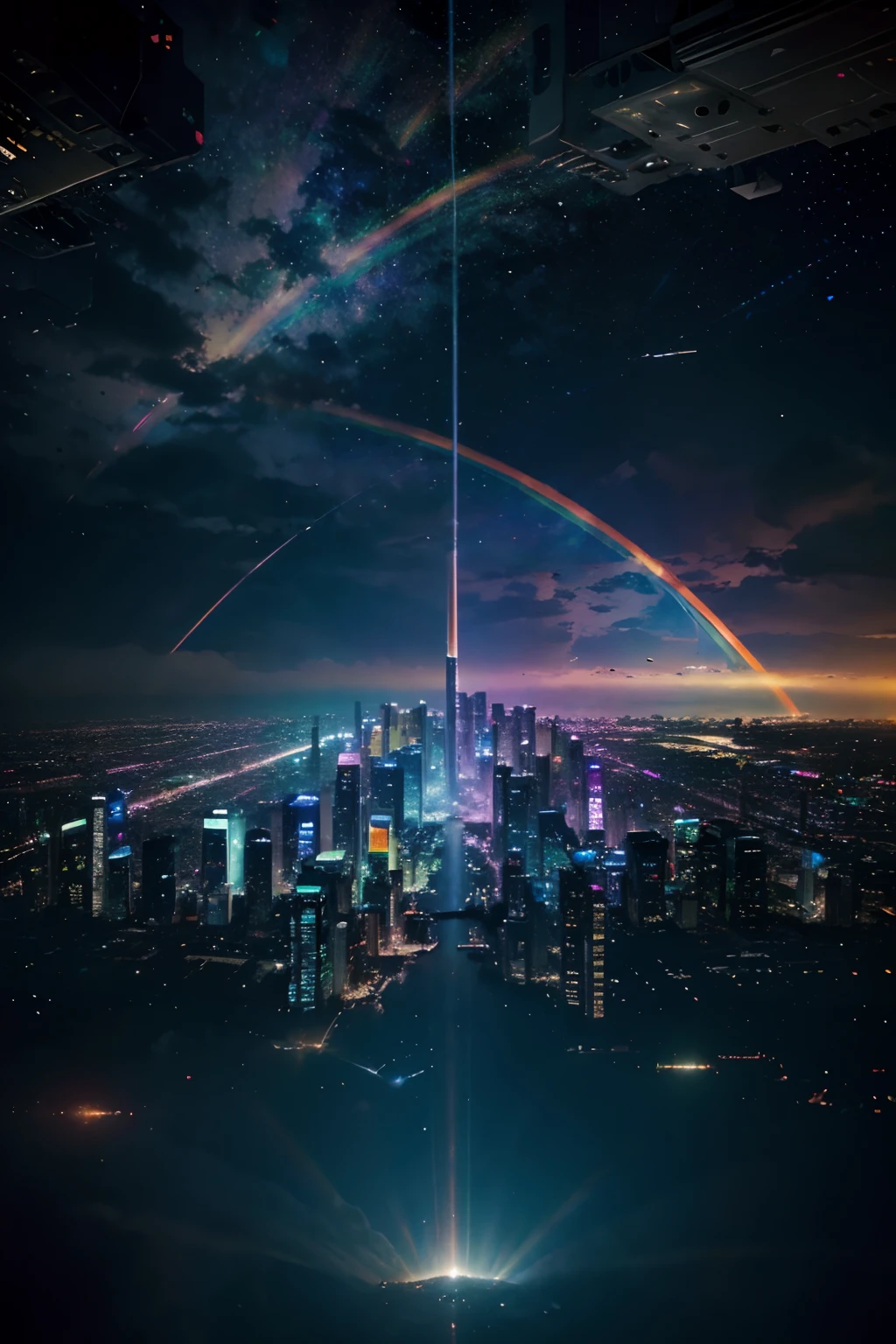 In a dystopia, ((Psychedelic Rainbow Shooting Star Sky))Lost in a futuristic skyscraper、Highly complex and futuristic cyber cityscape、A devastated world、Pulling composition、industrial、High-definition depiction、Specify background only