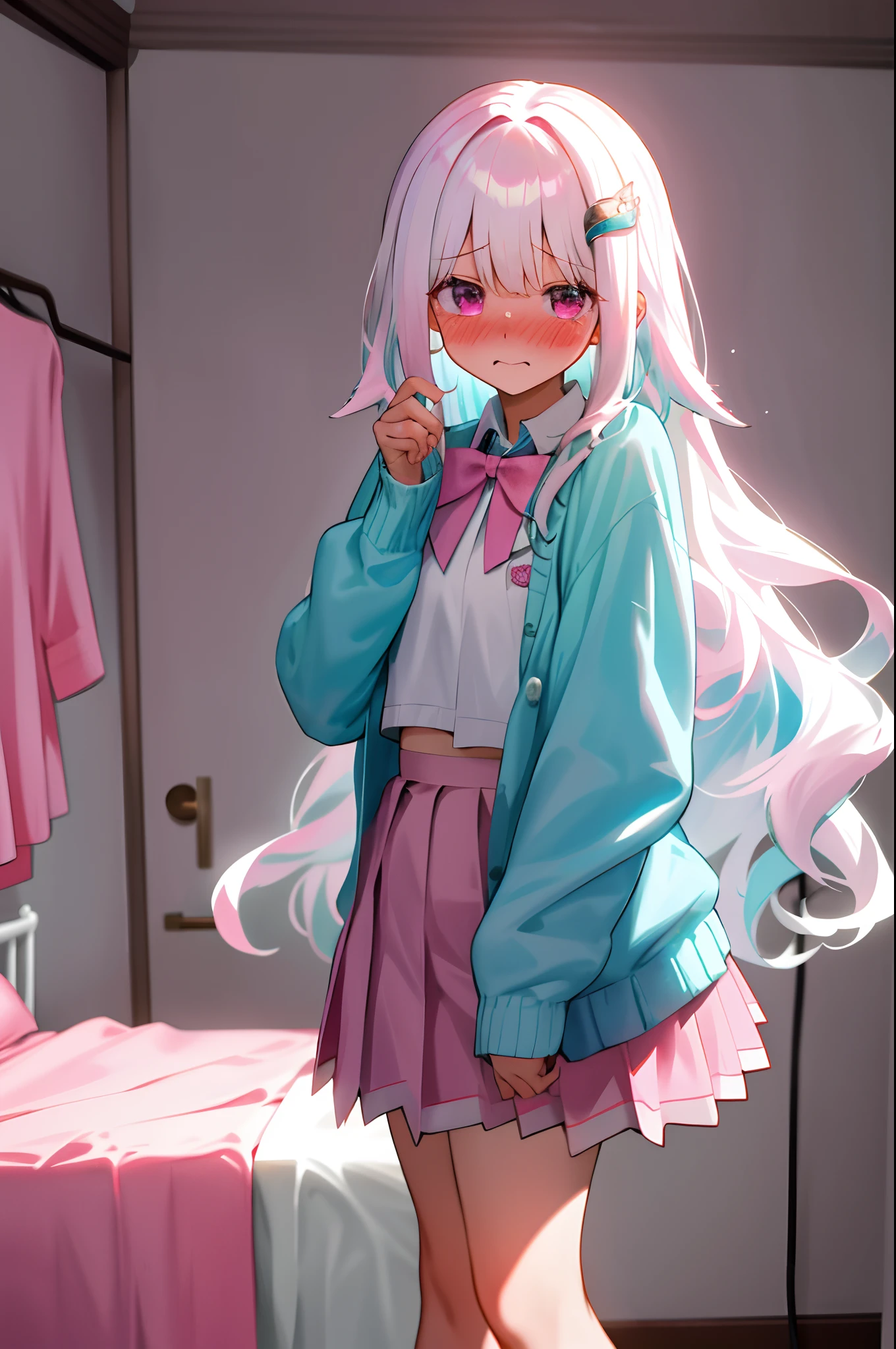 One girl with long wavy hair, white hair, looking at viewer, embarrassed, blushing, tears, indoor, girls bedroom, pink bed, cute girls room, light blue cardigan, white shirts, pink bow tie, pleated skirt , pink skirt, mini skirt, midriff, thigh, perfect waist, noon atmosphere, hair ornament, standing, (embarrassed:1.0)