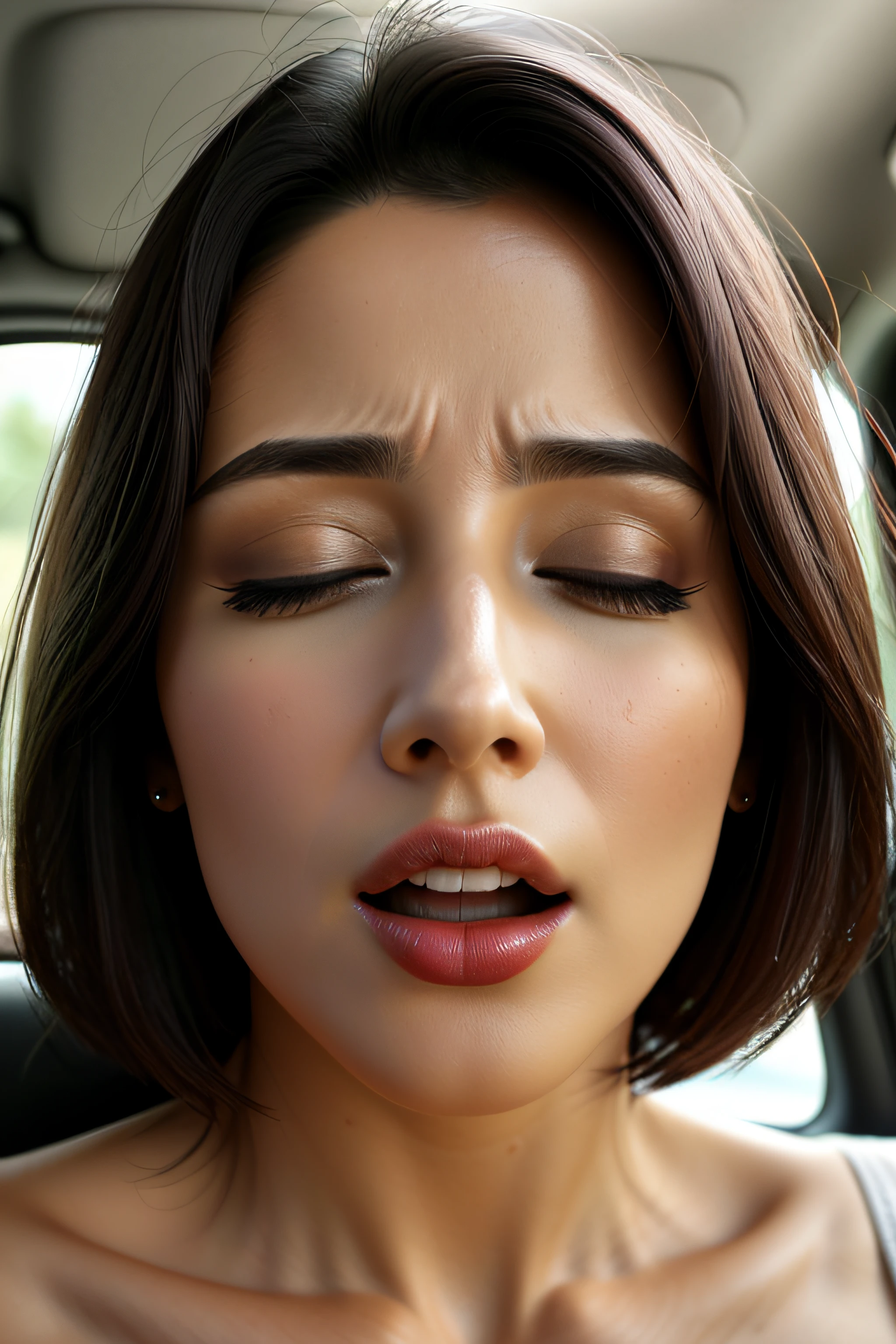 masutepiece,,award - winning photo, Extremely detailed, edgOrgasm,Face Focus, Face Close-up、(Woman with mouth open and eyes closed ), 18year old、A dark-haired、CNN News Anchor、Glossy skin、inside of a car、Close-up of face,frombelow、realistic nose,short cut hair、kiss