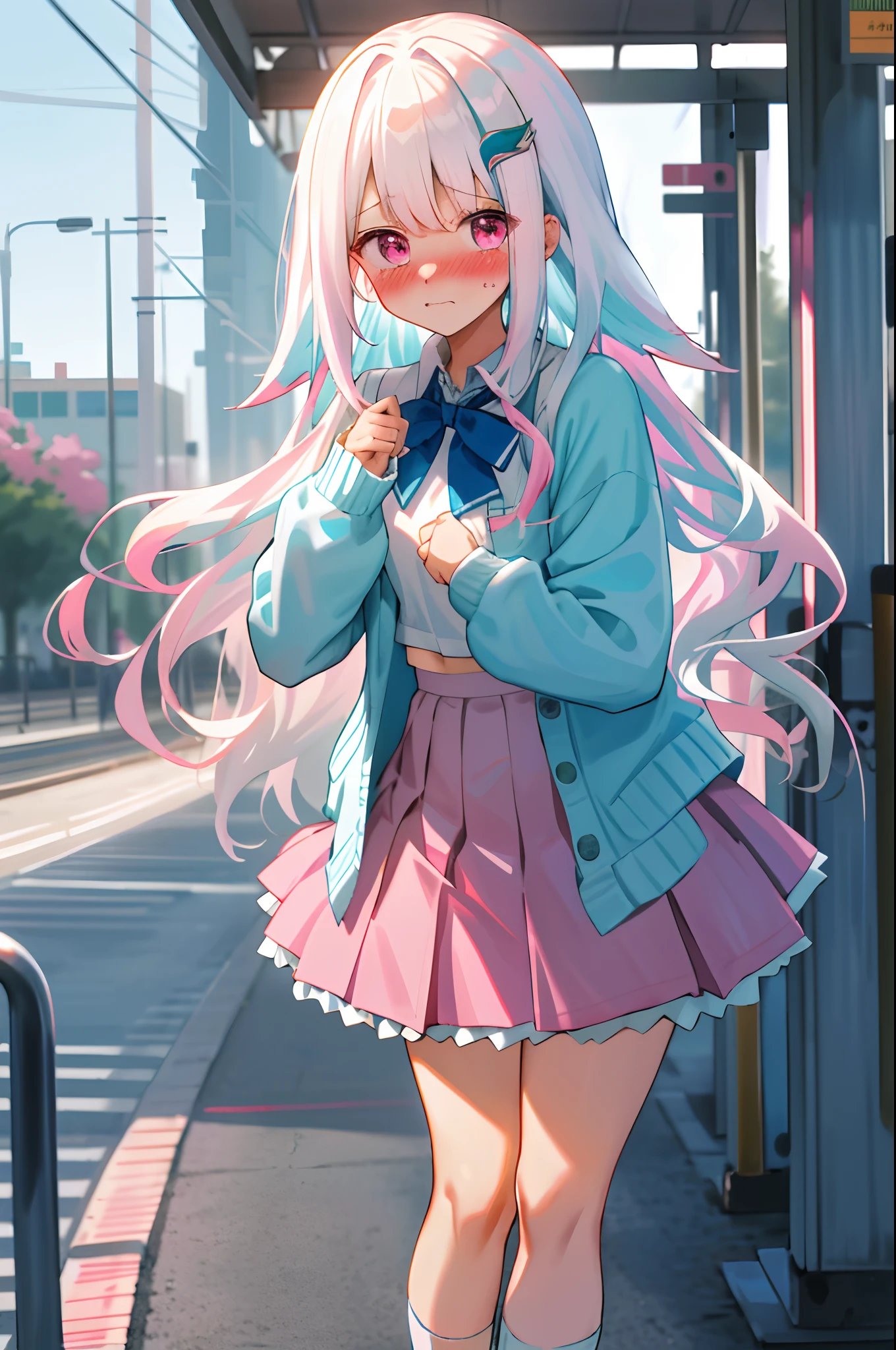 One girl with long wavy hair, white hair, looking at viewer, embarrassed, blushing, tears, outdoor, busway, long white socks, light blue cardigan, white shirts, pink bow tie, pleated skirt , pink skirt, mini skirt, midriff, thigh, perfect waist, noon atmosphere, hair ornament, standing, (embarrassed:1.0)