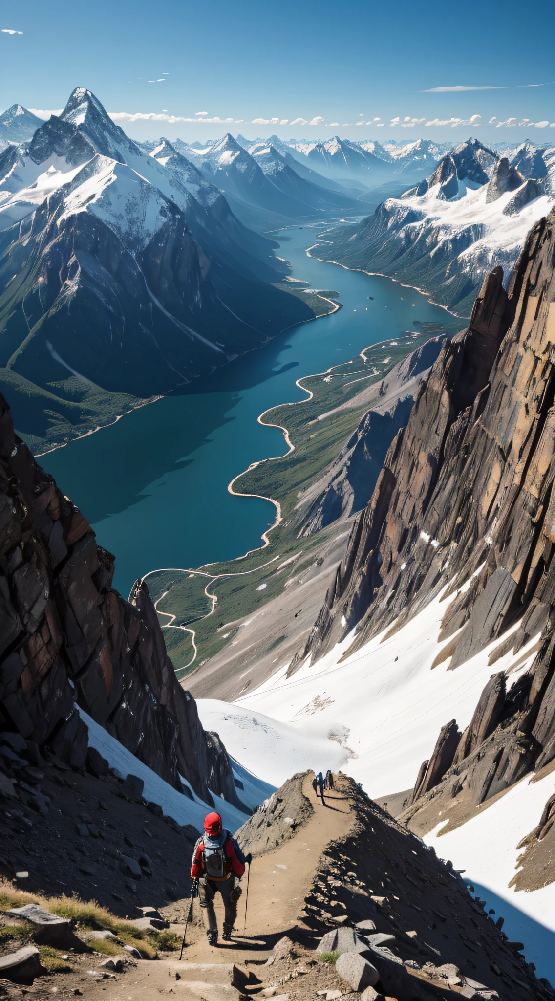 A bird's-eye view reveals a lone hiker's relentless climb up a steep mountain path, mirroring our ability to persevere and surmount life's challenges, much like the towering mountains that surround them.