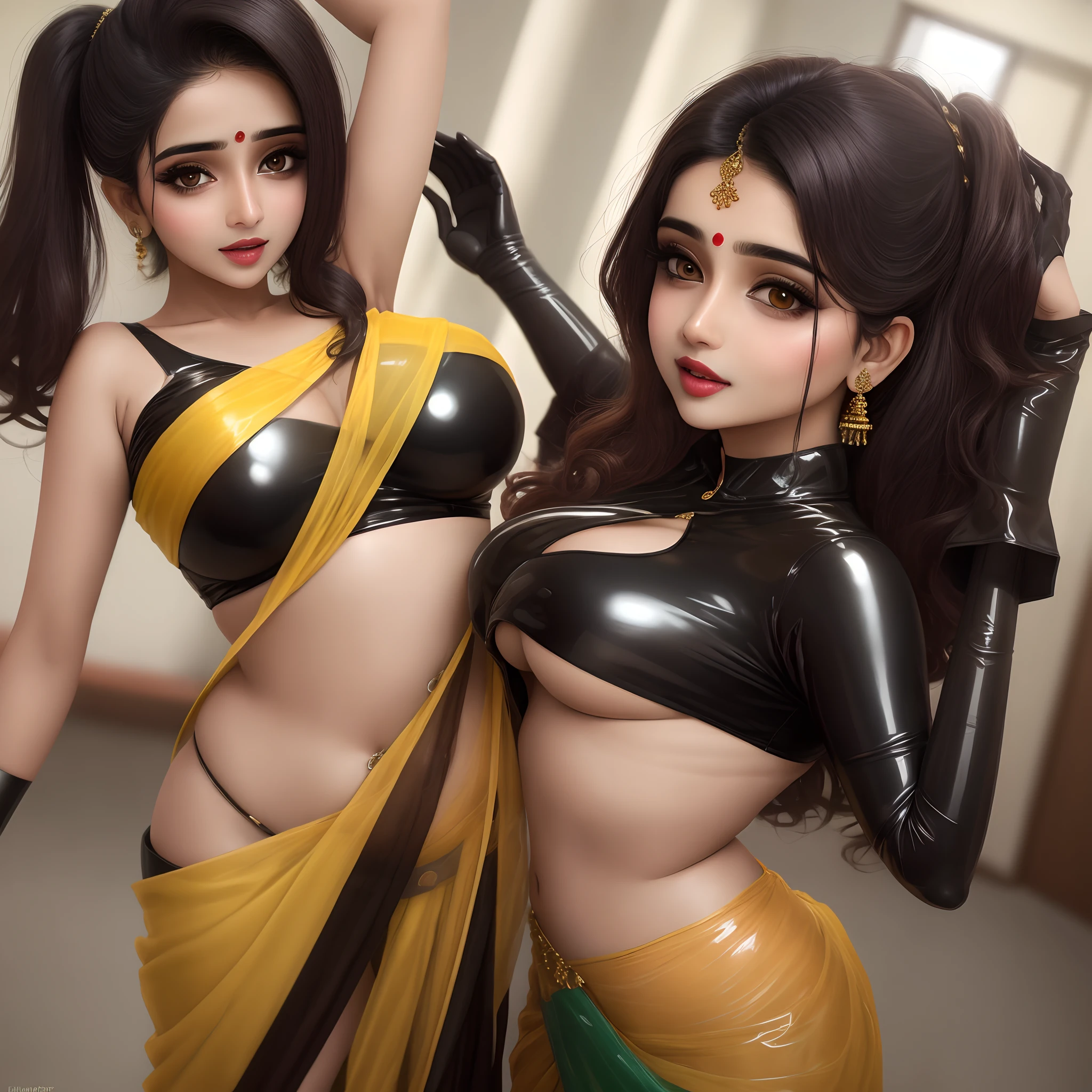Desi girl, yellow see through saree, black latex gloves, latex blouse, visible clevage,